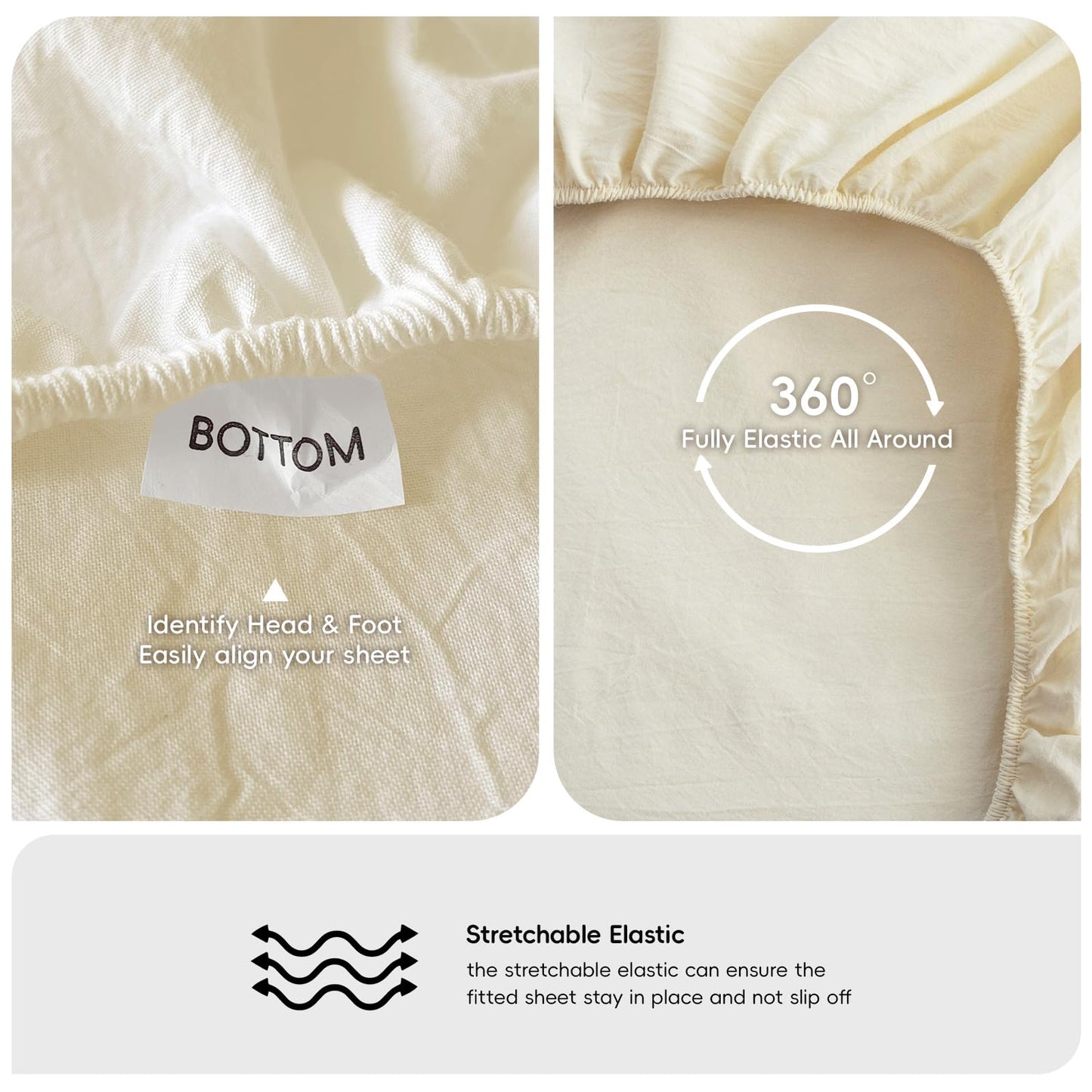 MooMee Fitted Bottom Sheet Only 100% Washed Cotton Linen Like Textured Breathable Durable Soft Comfy Deep Pocket Fits Mattress up to 17" (Cream White, Queen)