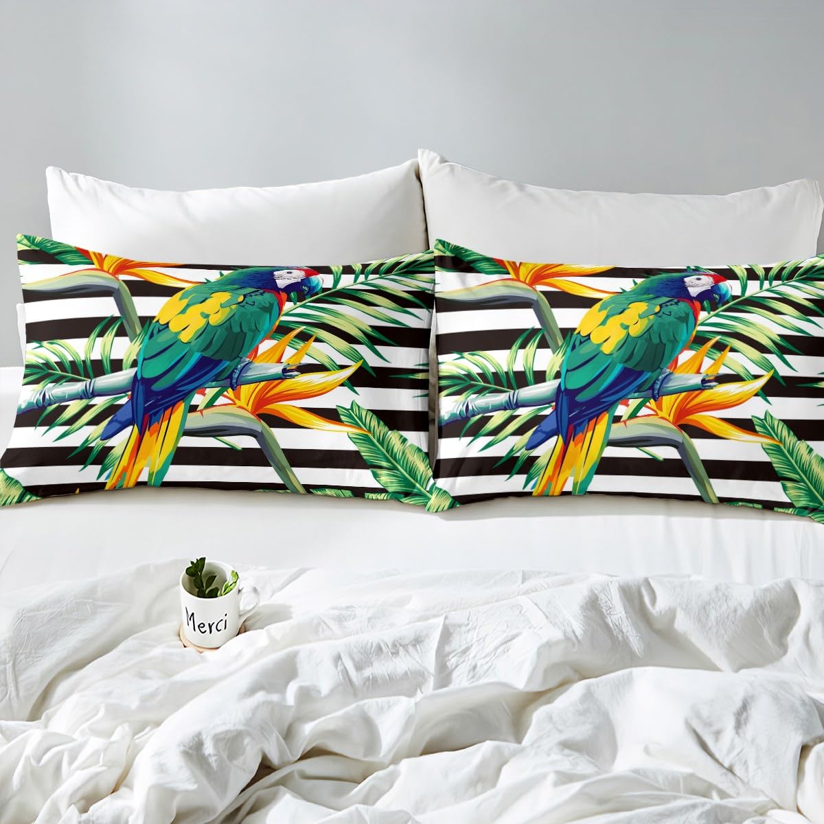 Tropical Tree Duvet Cover King,Black White Stripe Bedding Set Green Plant Palm Leaves Quilt Cover Bird Parrot Animal Comforter Cover,Botanical Yellow Floral Bed Cover with 2 Pillow Shams