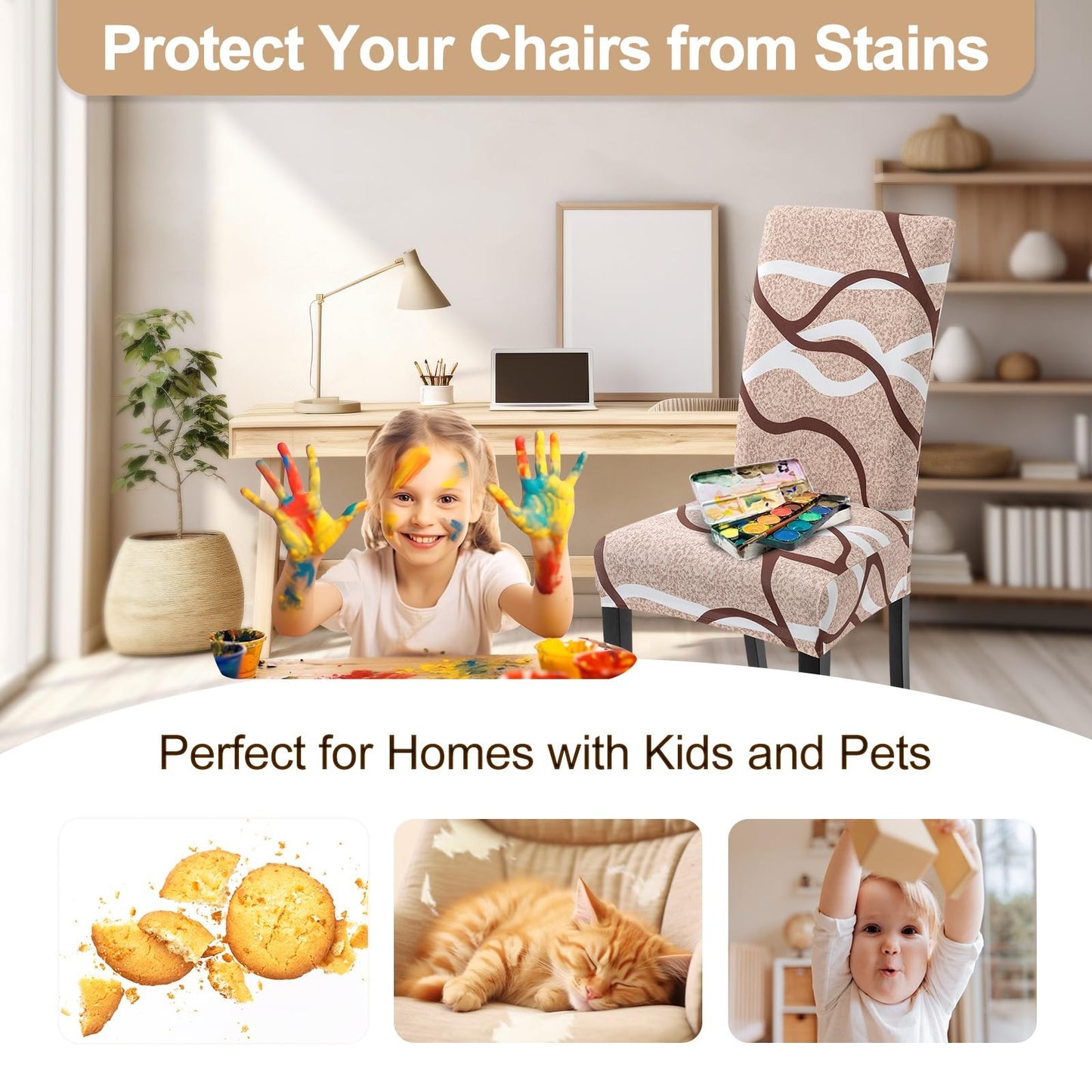 SearchI Dining Room Chair Covers Set of 4, Stretch Printed Parsons Chair Slipcovers Super Fit Spandex Removable Washable Kitchen Chair Protector Cover for Dining Room, Hotel, Ceremony (Khaki)
