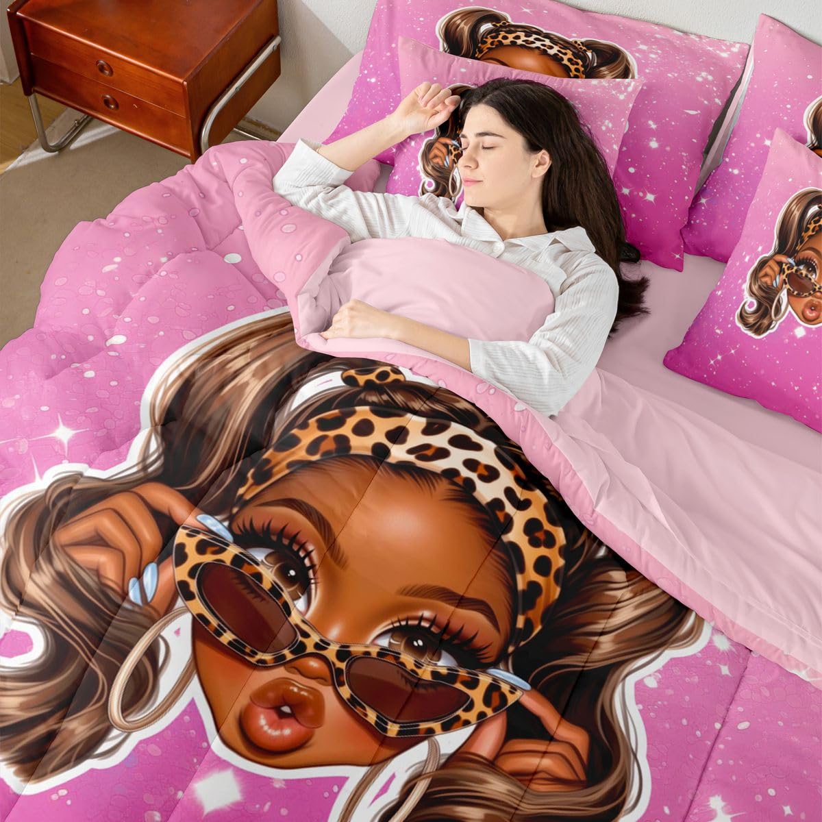 Erosebridal Cute Black Girl Twin Size Bedding Set Cool Y2K Girl 7 Pieces Comforter Set with Sheets for Teens Women Fashion Leopard Print Bed in a Bag Girly Sparkling Decor Bed Sets