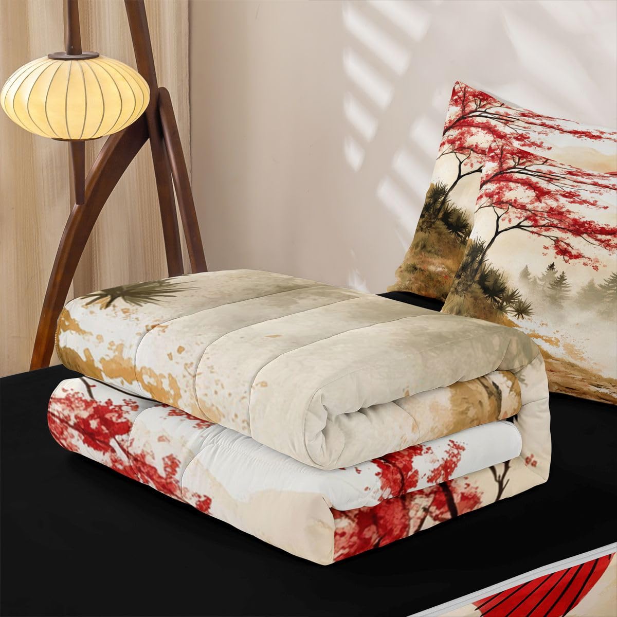 Erosebridal Geisha Zip Up Bedding Comforter Sets Twin Size, Japanese Geisha with Umbrella Comforter in One Zipper - Red Cherry Blossoms Bedding Set with Pillowcases