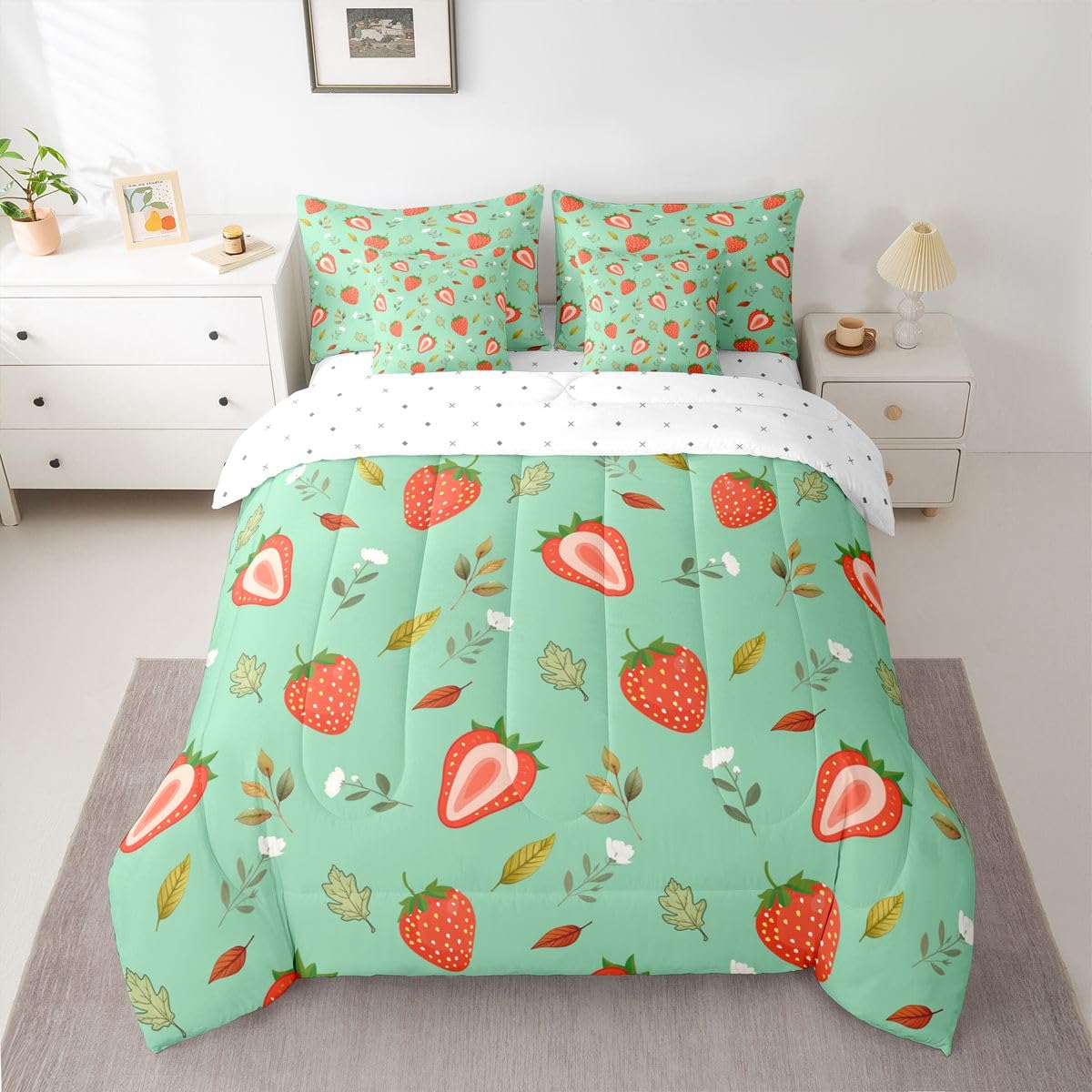 Erosebridal Strawberry 7 Piece Bedding Set Queen Floral Comforter Set with Sheets Plant Leaves Red Cartoon Fruits Bed in a Bag Green Leaf Kawaii Strawberry for Kids Boys Girls