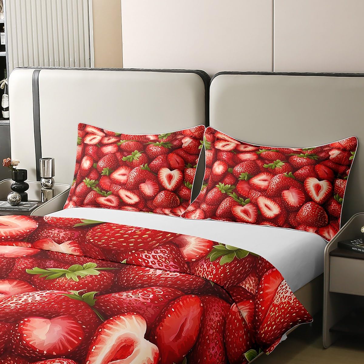 Manfei Cute Strawberry 100% Cotton Duvet Cover Set Twin Size, Kawaii Fruits Bedding Set 2pcs, Red Strawberries Print Quilt Cover, Kids Girls Teens Room Decor, 1 Pillowcase,No Comforter