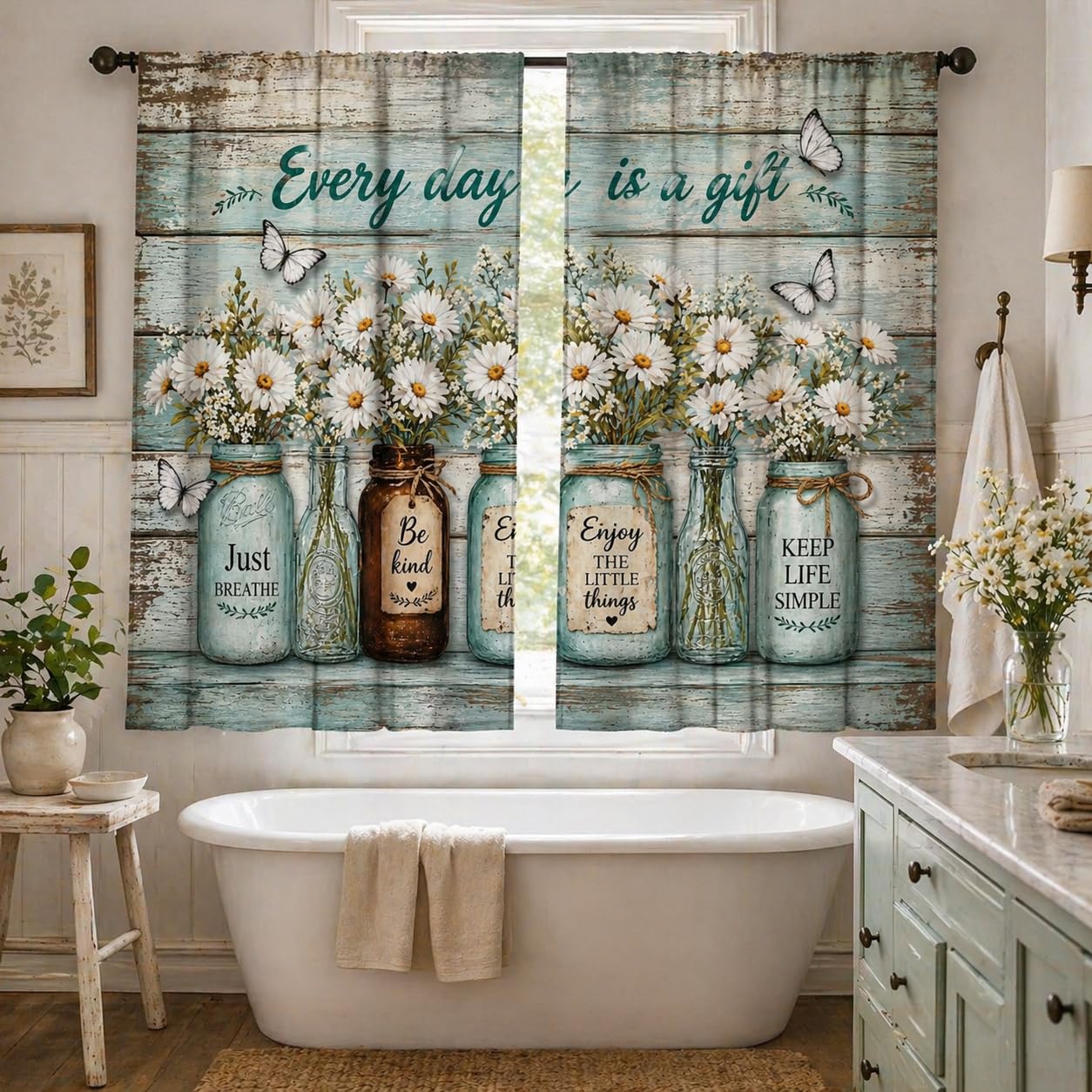 Farmhouse Kitchen Curtains for Windows, Rustic Blue Wood Wildlife Daisy Cafe Curtains Inspirational Quotes Every Day is a Gift Small Window Treatment for Bathroom Laundry Room 2 Panels 21x45 Inch