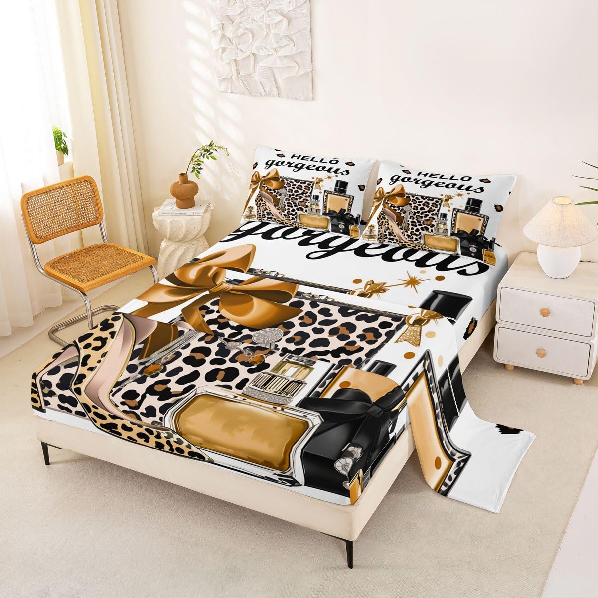 Erosebridal Brown Leopard Cheetah Print King Bed Sheets | Fashion Modern Luxury Sheets for Kids Girl Women Perfume High Heels Girly Flat Fitted Sheet Trendy Stylish Girls Bed Sets