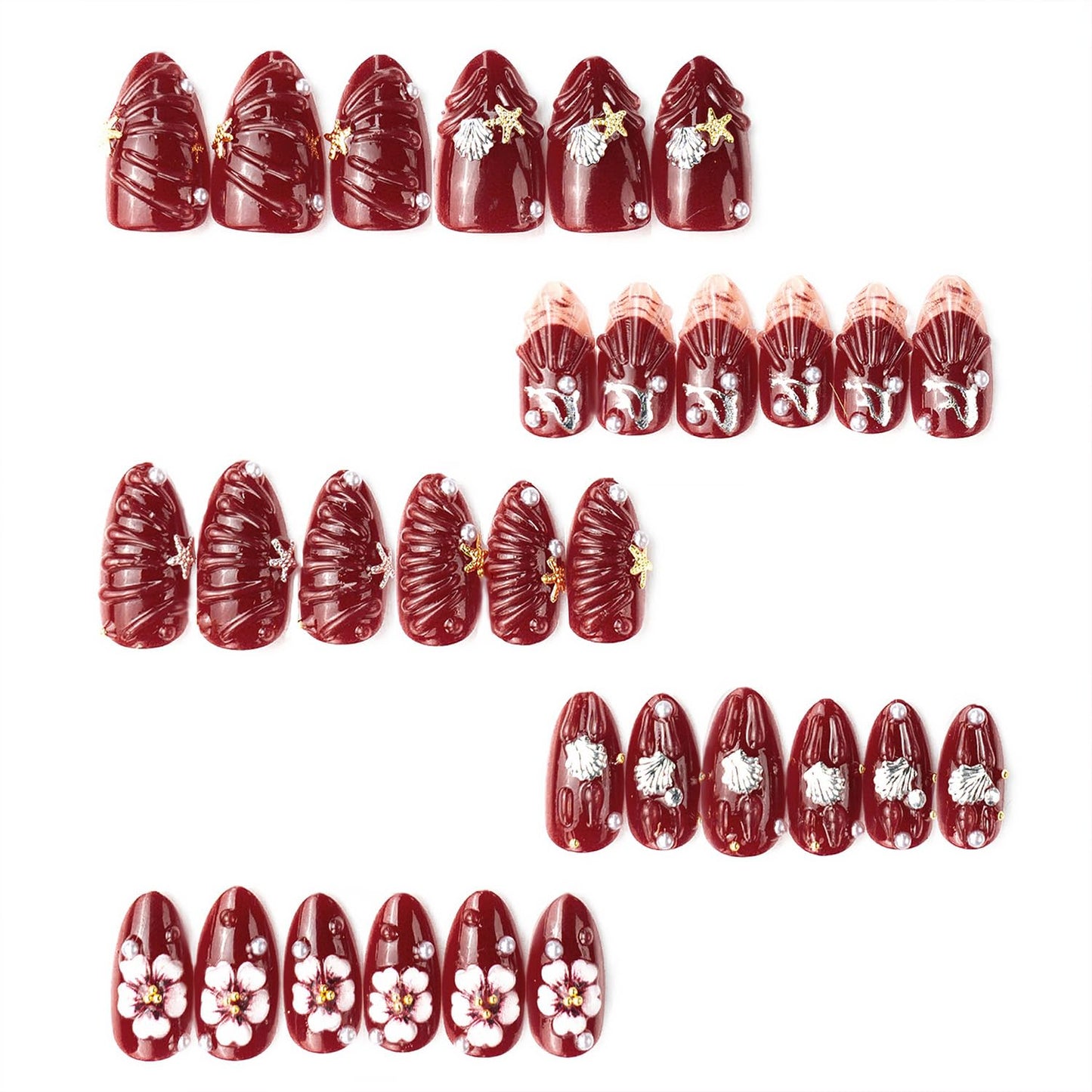 30Pcs Red Press on Nails Medium Almond Flower Fake Nails with Gold Silver Glitter Pearl Shell Design 3D Ripple False Nails Full Cover Artificial Glue on Nails Spring Summer Stick on Nails for Women