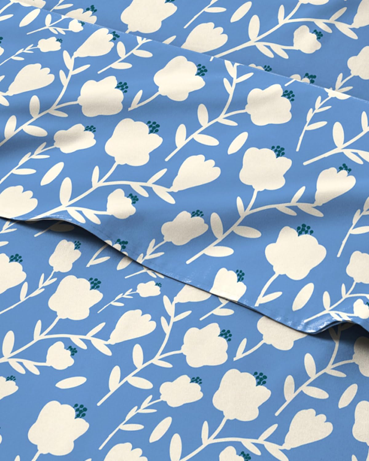 Floral Sheets - Blue & White Bed Sheet Set - 1 Flat, 1 Fitted & 2 Pillowcases w/ Deep Pockets - Comfy, Cozy, Wrinkle & Fade Free - Boho Botanical Bedding - Soft, Breathable & Cooling - Queen Size Set