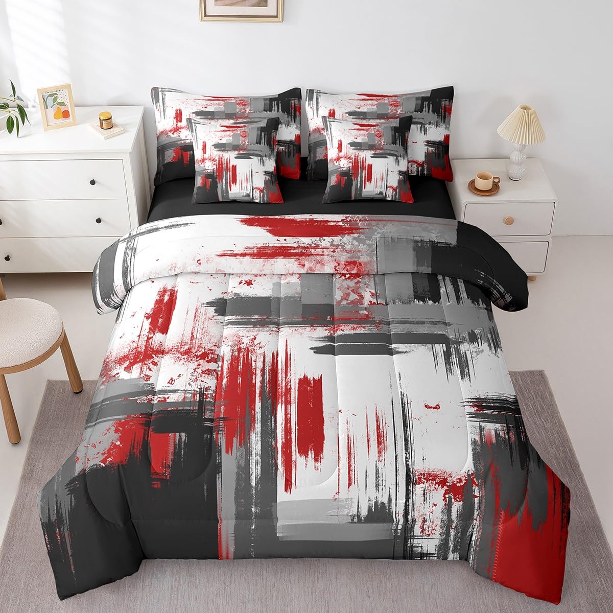 Feelyou Abstract Bed Set Includes Comforter, Sheet Set, Pillowcases & Pillow Covers Modern Abstract Art 7 Piece Bedding Set Children Red Grey Black Pattern Bedding Set Queen Size