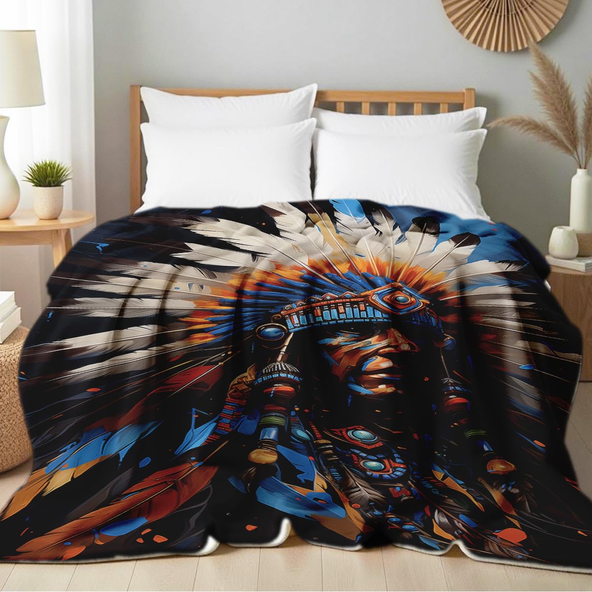 HUNXIAOJ Native American Flannel Blanket Indian Tribal Chief Print Blanket Throw for Couch Bed Soft Bedding Decor Native American Gifts for Boys Men Adults (49"x59")