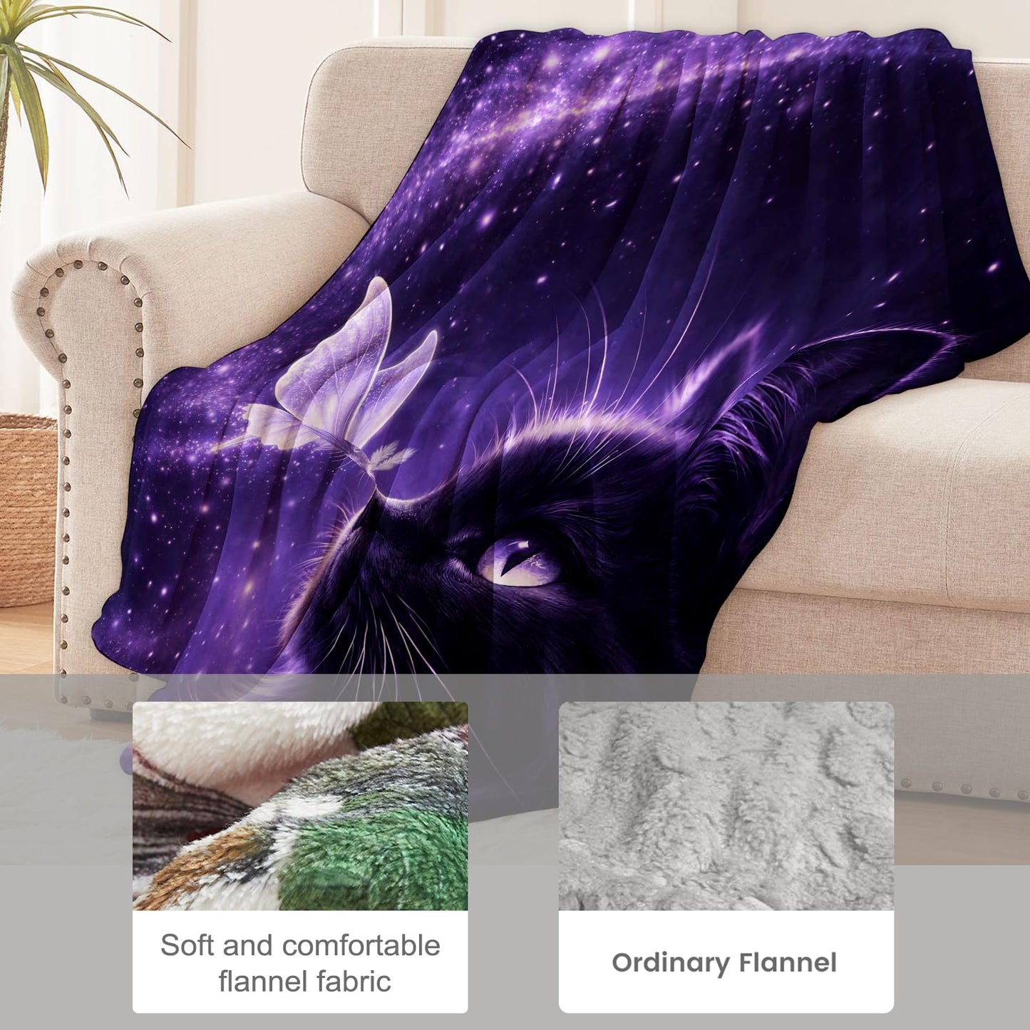 cromcu Fantasy Cat Flannel Throw Blanket, 50x60in, Soft Warm Cozy Blankets with Purple Kitten and Glowing Moth, Celestial Gifts for Girls Women Cat Lovers, Home Decor Dorm Office Travel Camping