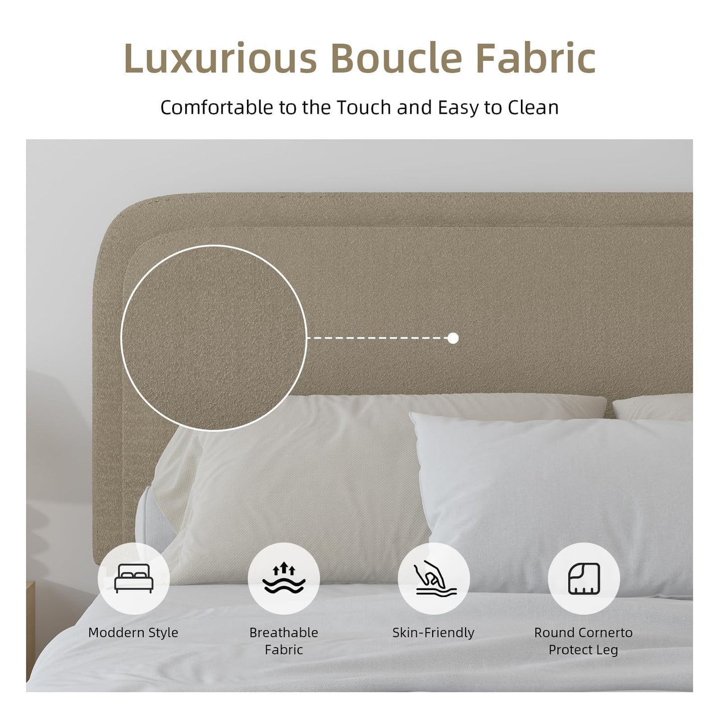 BarnFurin Twin Bed Frames with Headboard,Cloud Boucle Upholstered Platform Bed, Soft Rounded Corners, No Box Spring Needed, Non-Slip and Noise-Free, Easy Assembly, Beige