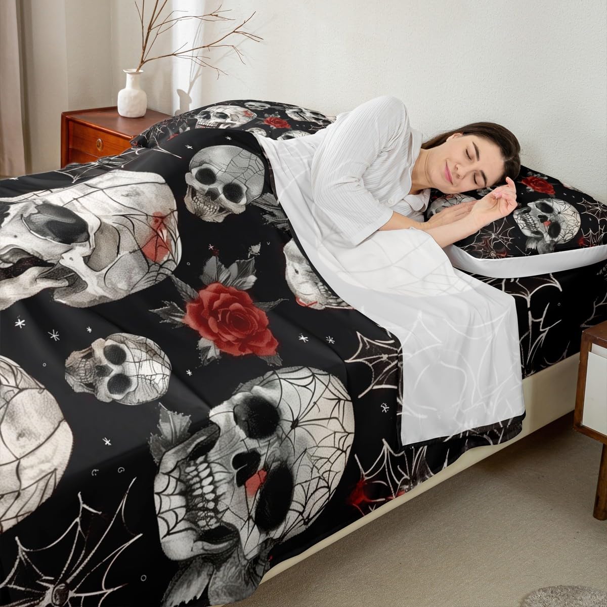 jejeloiu Halloween Decor Bed Sheets Set Twin Size Spider Web Deep Pocket Fitted Sheet Gothic Skull Bedding Sets Rose Blossoms Print Soft Bed Set 3Pcs with 1 Pillow Cases