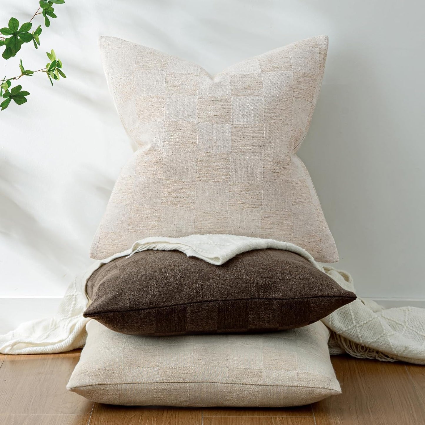 a moment Set of 2 Decorative Linen Throw Pillow Covers,Large Grid Textured Neutral Boho Farmhouse Cushion Covers,Soft Aesthetic Pillowcases for Couch Sofa Living Room Home Decor,24x24 Inch,Beige
