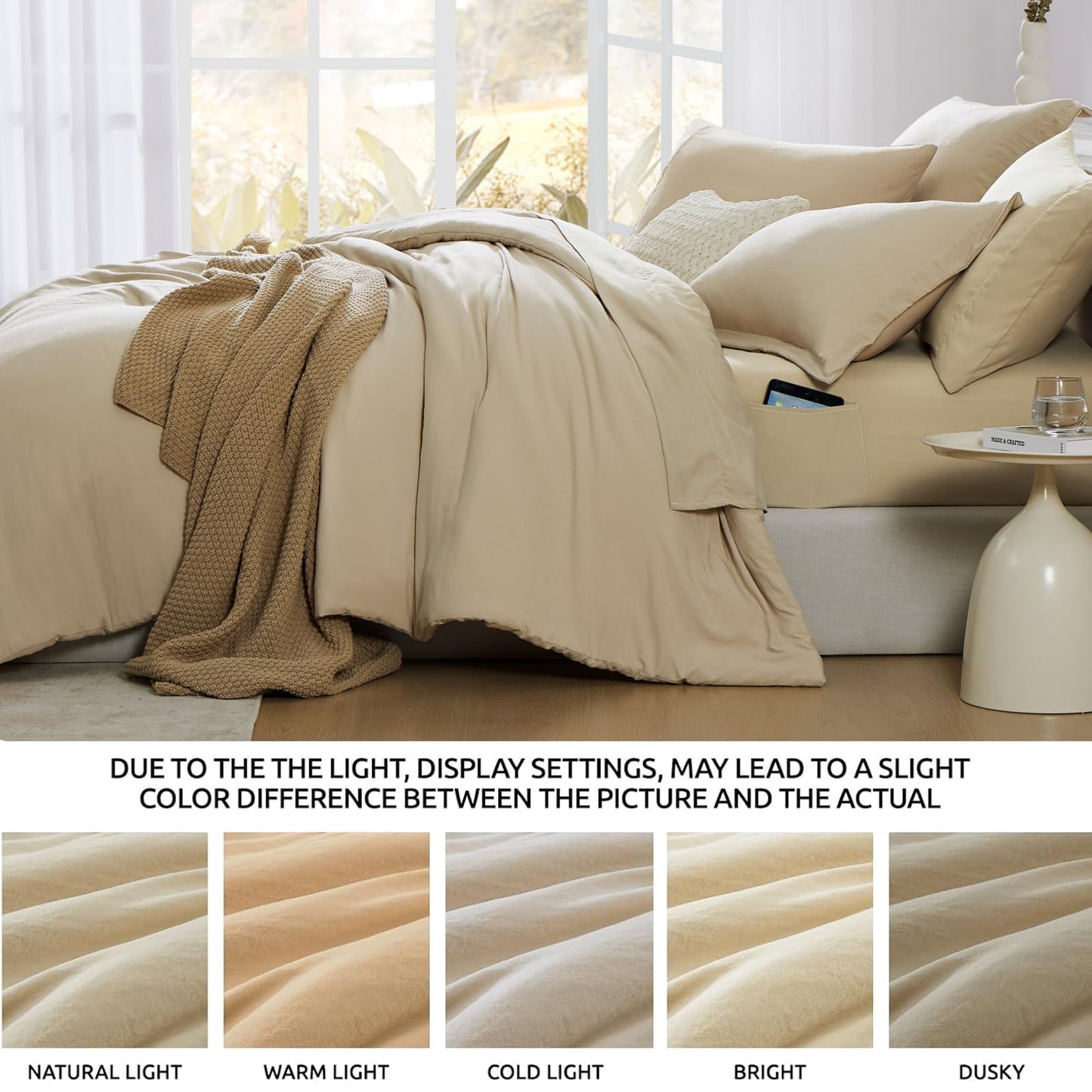 WRENSONGE Queen Comforter Set- 7 Pieces Beige Bed in a Bag Queen with Fitted Sheet, Flat Sheet, 2 Pillow Shams, and 2 Pillowcases- Warm Bed Set for All Season