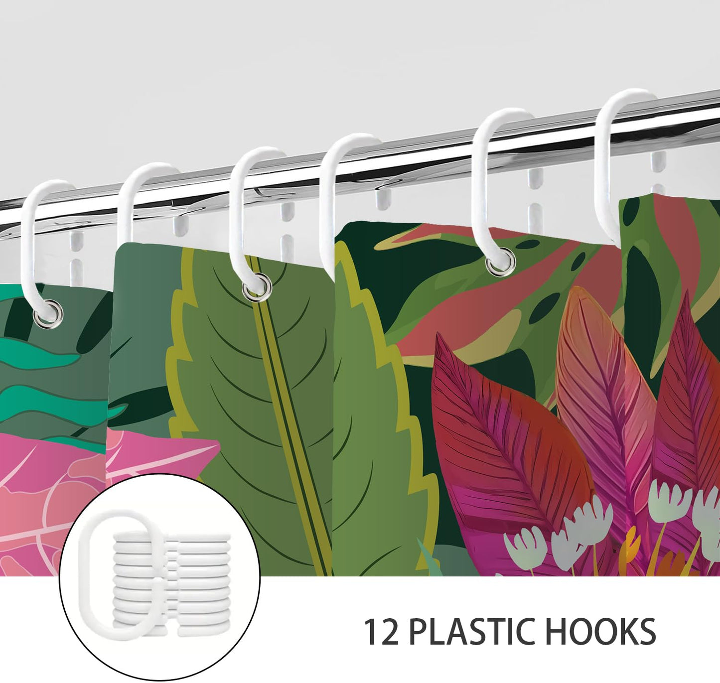 Boho Tropical Floral Shower Curtain, Green and Pink Colorful Botanical Leaf Nature Asthetic Shower Curtains Set, Modern Art Dark Polyester Fabric Shower Curtains for Bathroom with Hooks 72X72IN