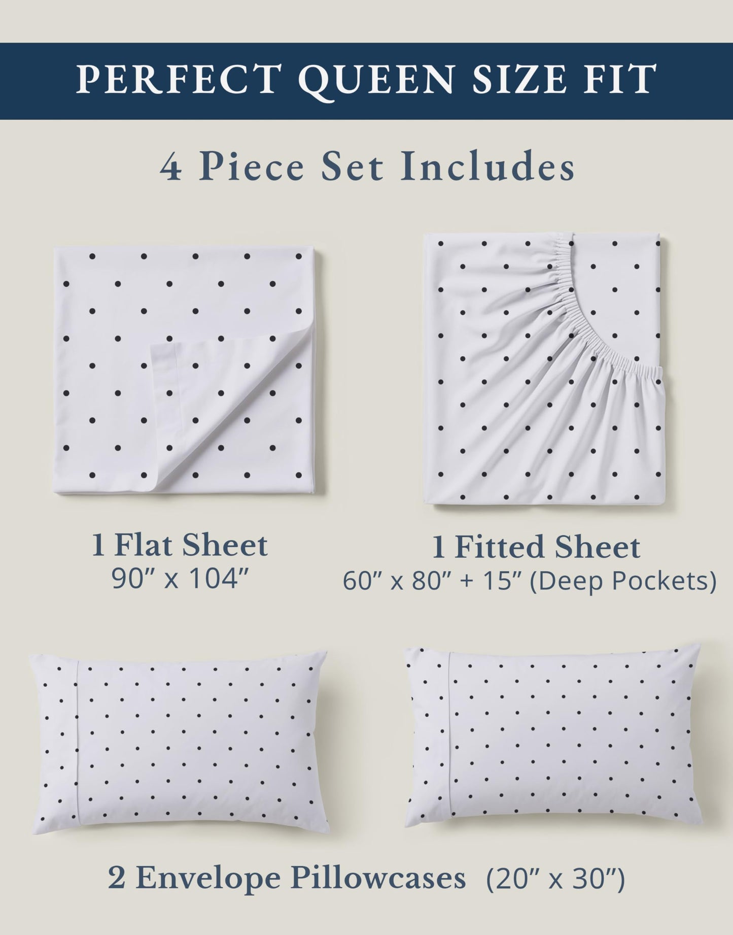 LANE LINEN Queen Size Sheets Deep Pocket 100% Organic Cotton GOTS Certified Percale Weave Deep Pocket 4 Piece Soft Breathable Cooling Lightweight All Season Machine Washable Crisp - Polka Dot-Black