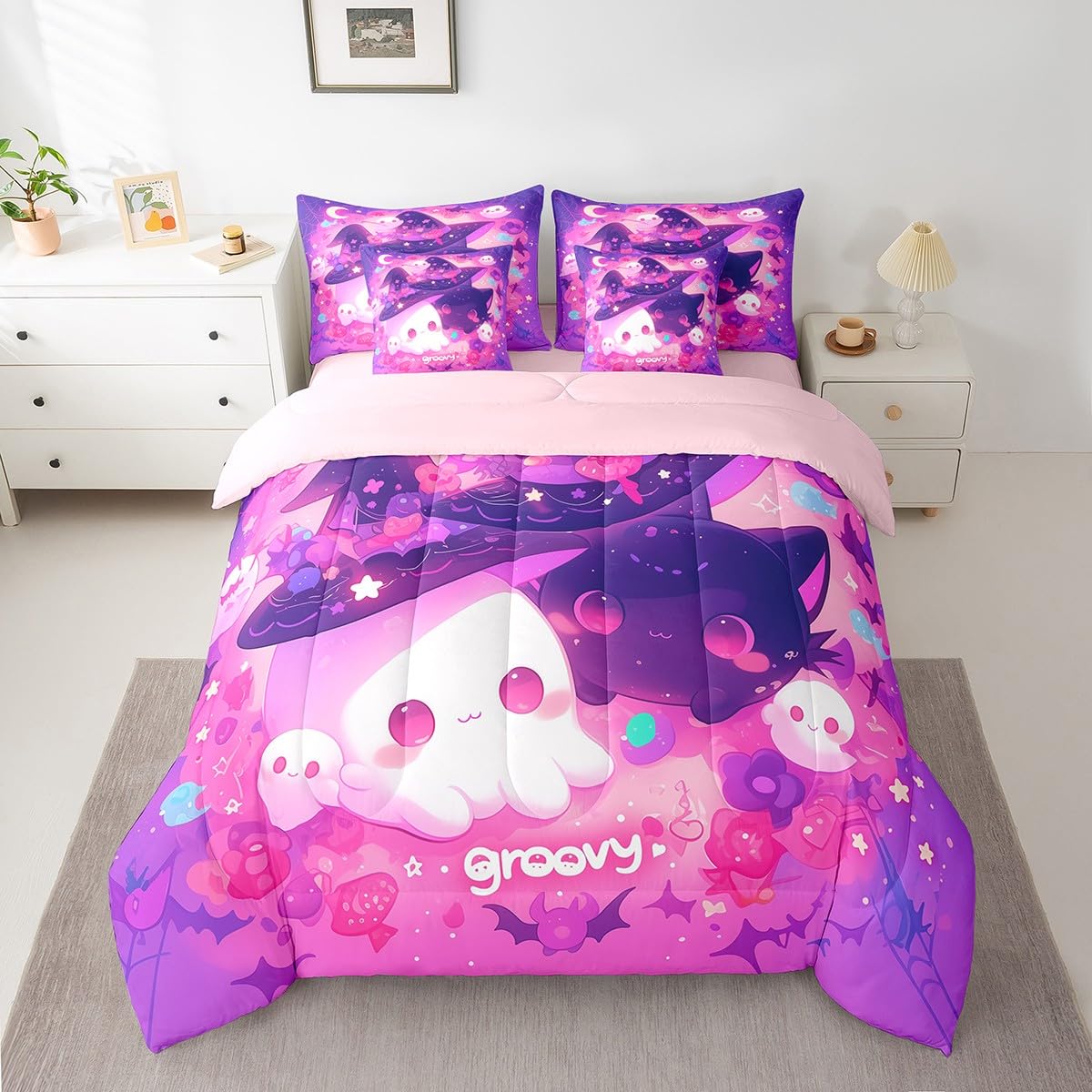 Feelyou Happy Halloween Comforter Set with Sheets Twin Cute Groovy 7 Piece Bedding Set for Kids Boys Girls Teens Sweet Purple Bed in a Bag Bat Bed Set