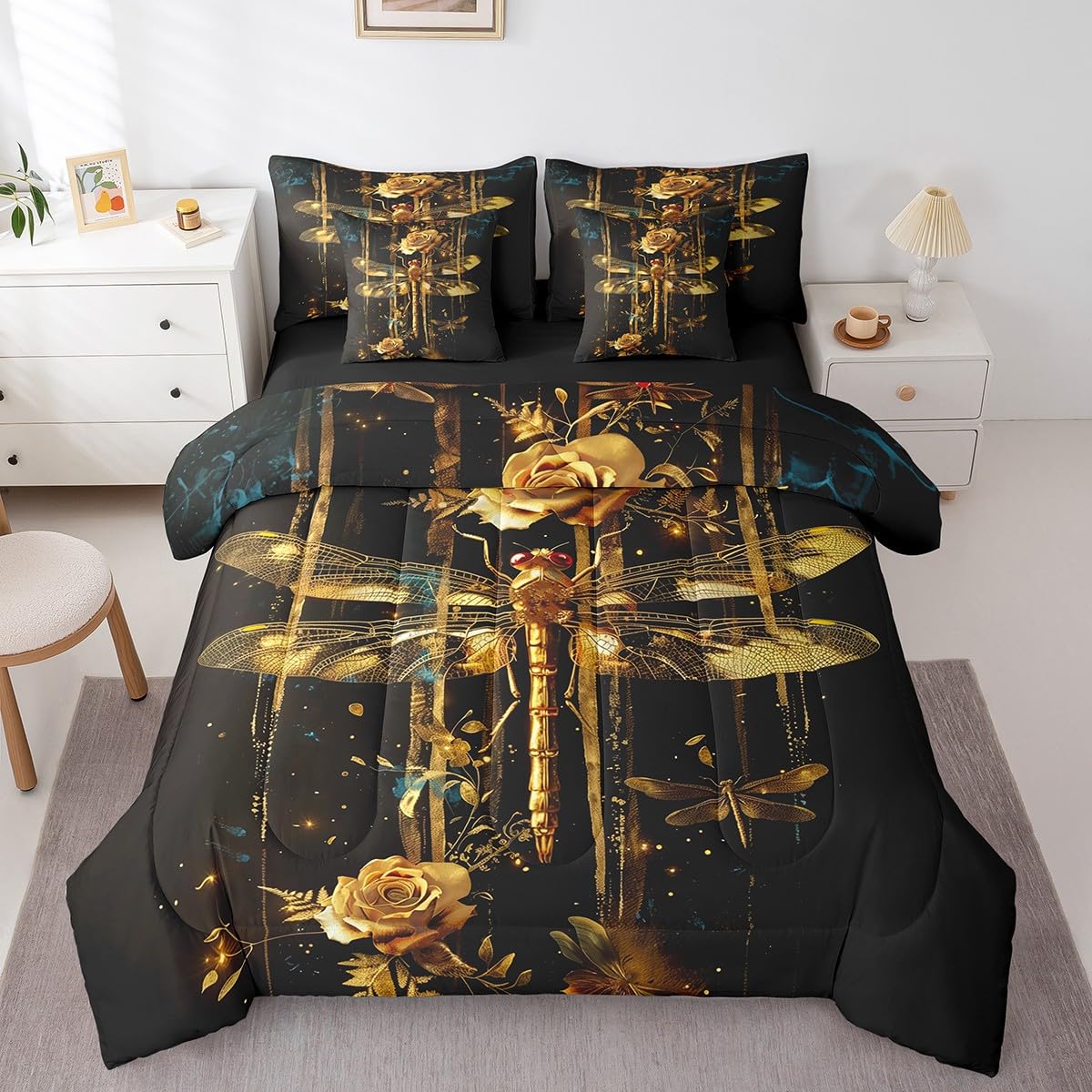 Erosebridal Golden Dragonfly Comforter Set Queen,Romantic Yellow Rose Floral Bed in a Bag,Dragonflies Bedding Set 7Pcs for Boys Girls Women,Wildlife Safari Animal Quilt