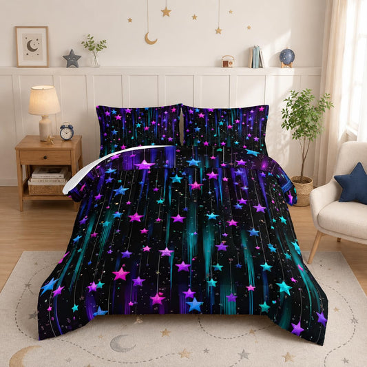 UEVBF Colorful Stars Comforter Set Queen Size,Glitter Starry Printed Bedding with 1 Comforter and 2 Pillowcases for Boys and Girls Bedroom,Neon Stripes Galaxy Soft and Lightweight Bed Sets.