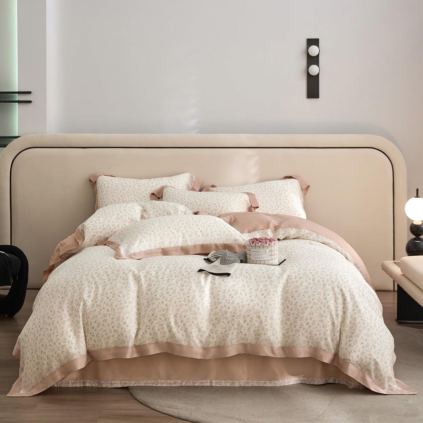 VM VOUGEMARKET Girls Pink Flower Leaves Duvet Cover Set Queen Princess Lace Bedding Set Cooling Silky Lyocell Duvet Cover with Zipper Closure-Blush Pink,90x90 Inch