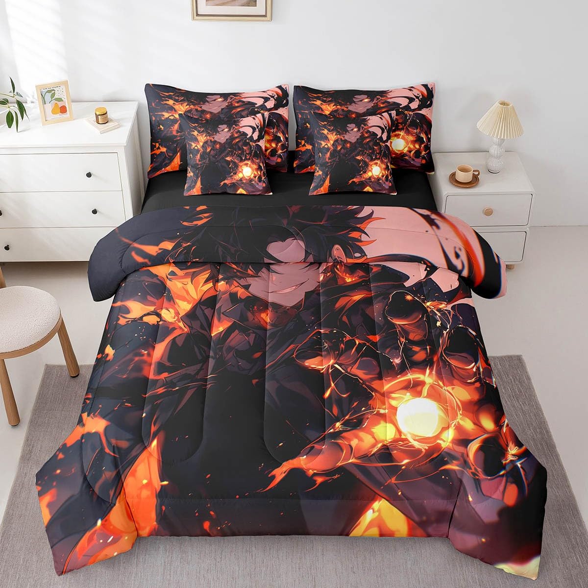 Erosebridal Japanese Anime King Bedding Set,Anime Boy Comforter Set for Boys Kids Teens Gamer Gaming Room Decor,Video Game Style Bed Set 7 Piece with Fitted Sheet,Flat Sheet,Pillowcases