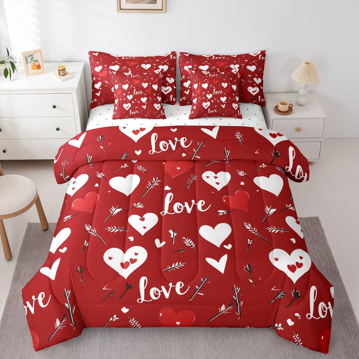 Erosebridal Red Valentines Day Full Bedding Set - Valentines Love Heart Bed in A Bag,Heart Printed Comforter Sets with Sheets, Couple Romance Gifts 7 Pieces Bed Set Bedroom Decor