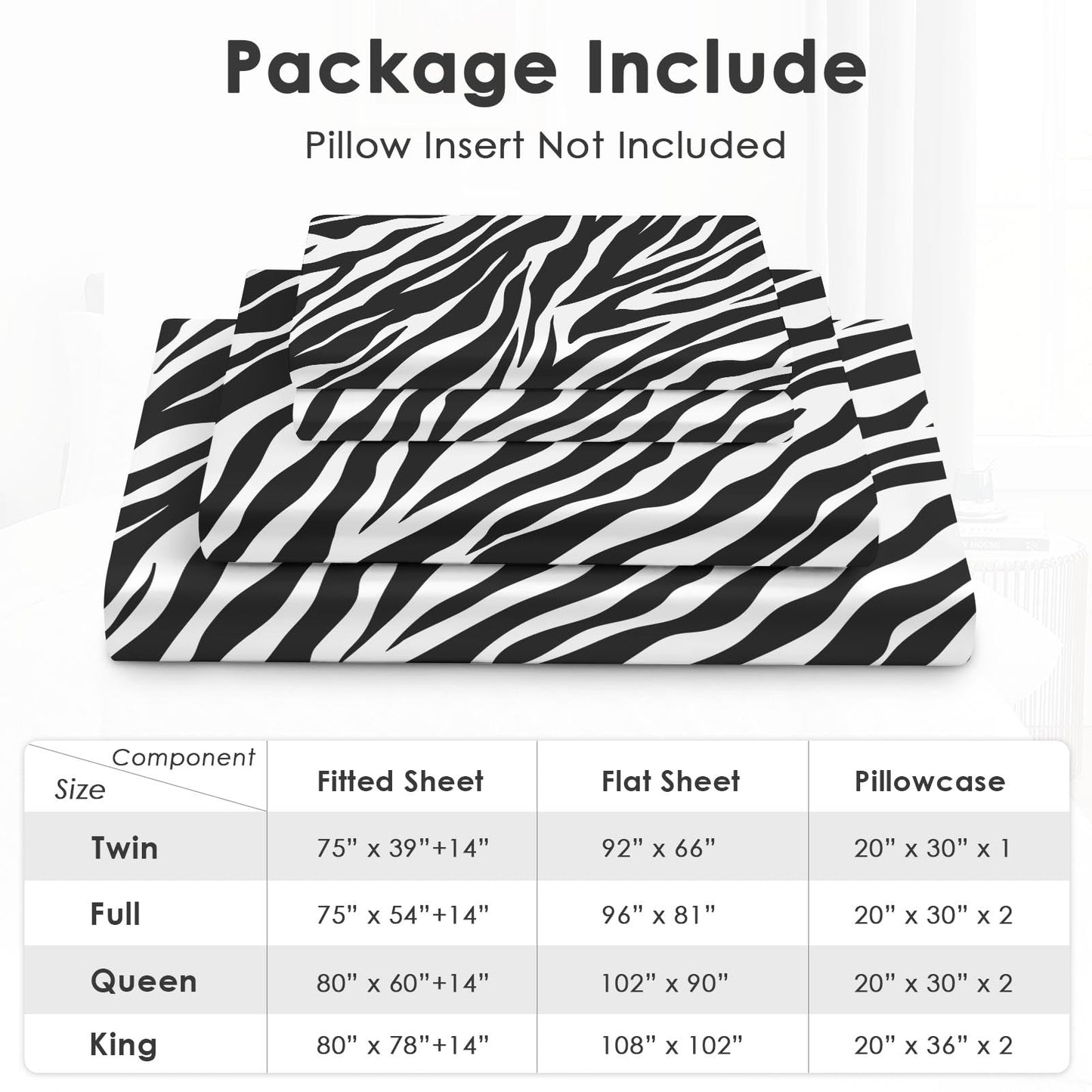 Pamnest Twin Size Bed Sheet Sets, Zebra Stripe Animal Soft Microfiber 3 Pcs Bedding Sets for Kids and Adults Bedroom Bed Decor, Black White Flat, Fitted Sheet and Pillowcases