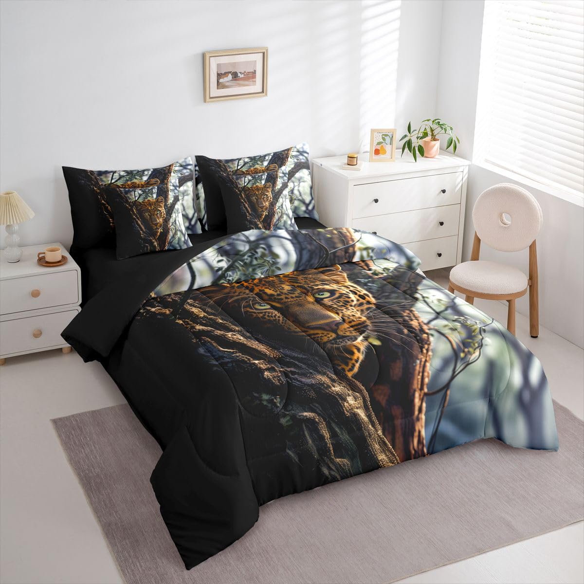 Feelyou Leopard Comforter Set Queen Size 7 Pieces Cheetah Print Bedding Set for Kids Boys Girls Wild Animal Bed in a Bag with Comforter, Sheets, Pillowcases, Cushion Covers Safari Quilted