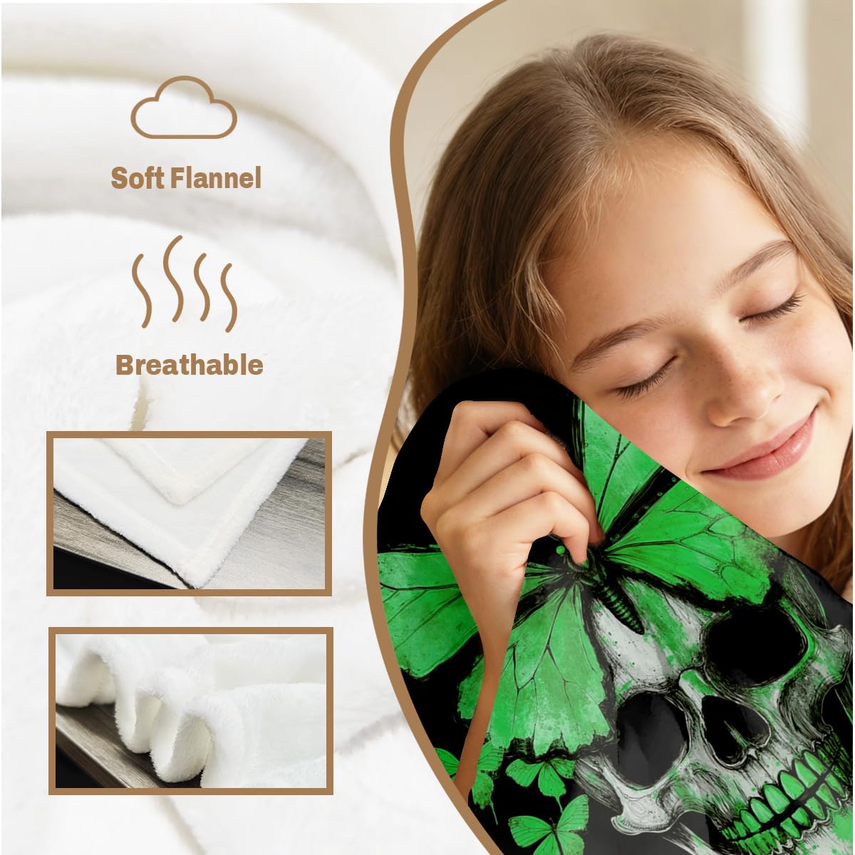 HUNXIAOJ Skull Butterfly Blanket Gifts Green Gothic Decor Butterfly Skeleton Throw Blanket Soft Flannel Skull Bedding for Couch Bed Living Room Home Halloween Decor 49"x59"