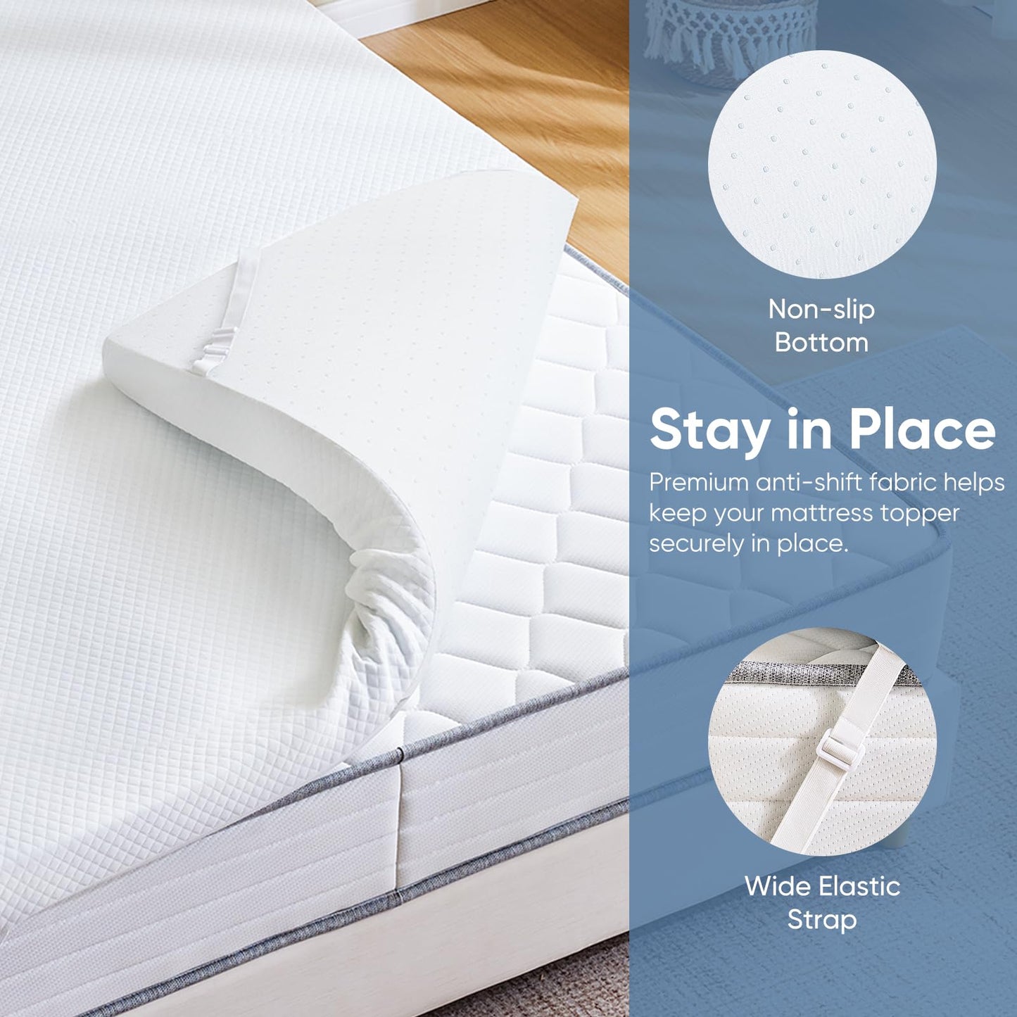 DUMOS Memory Foam Mattress Topper Pad with Cover, Soft Bed Cover with Anti-Slip Base, Enhanced with Cooling Gel, Premium Comfort for Sleep & Back Pain Relief, Removable & Washable