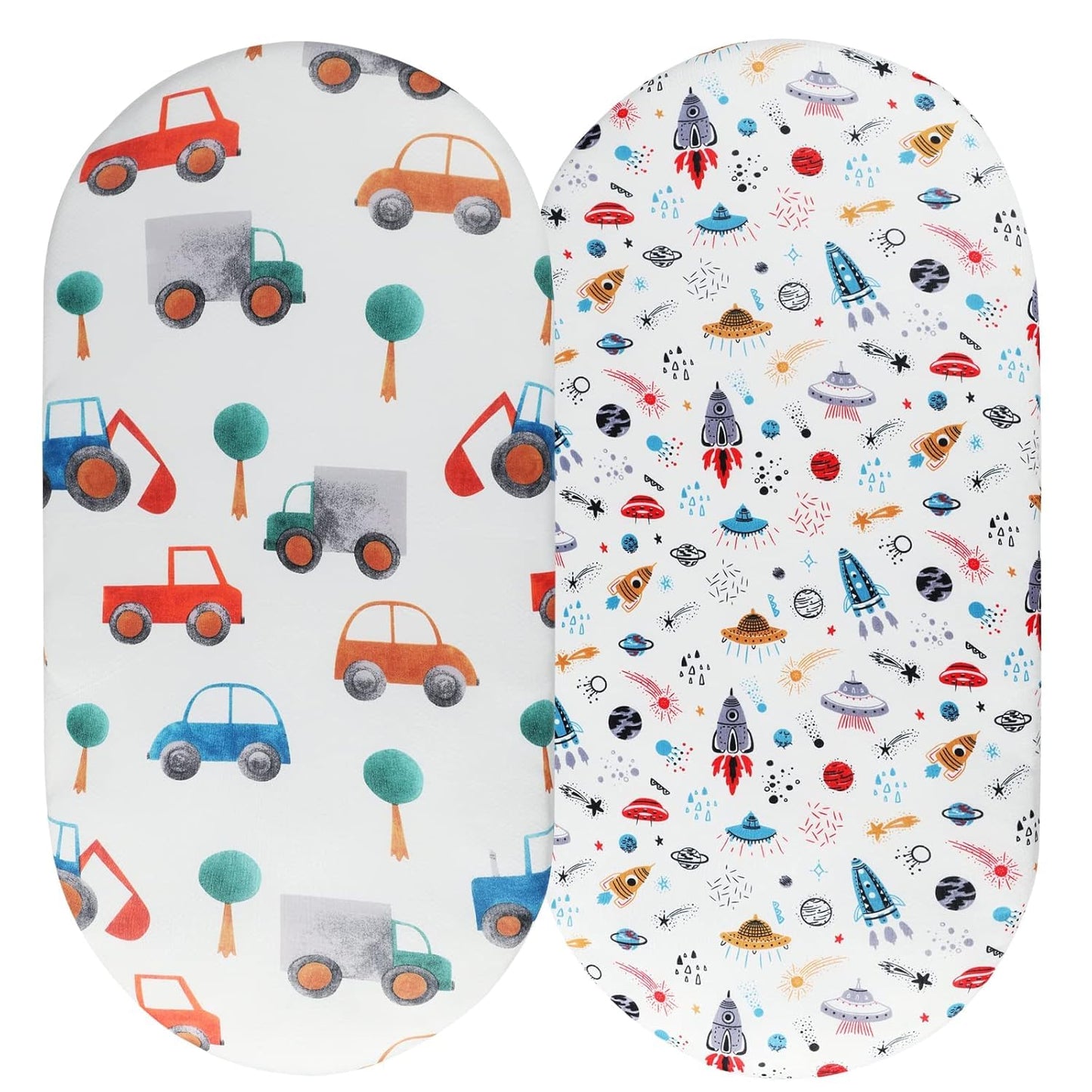 Tontukatu Pack n Play Sheet Stretchy Fitted Portable Mini Crib Sheets Set 2 Pack,Playard Sheets Convertible Playard Mattress Cover,Ultra Soft Jersey Material, Rocket & Car