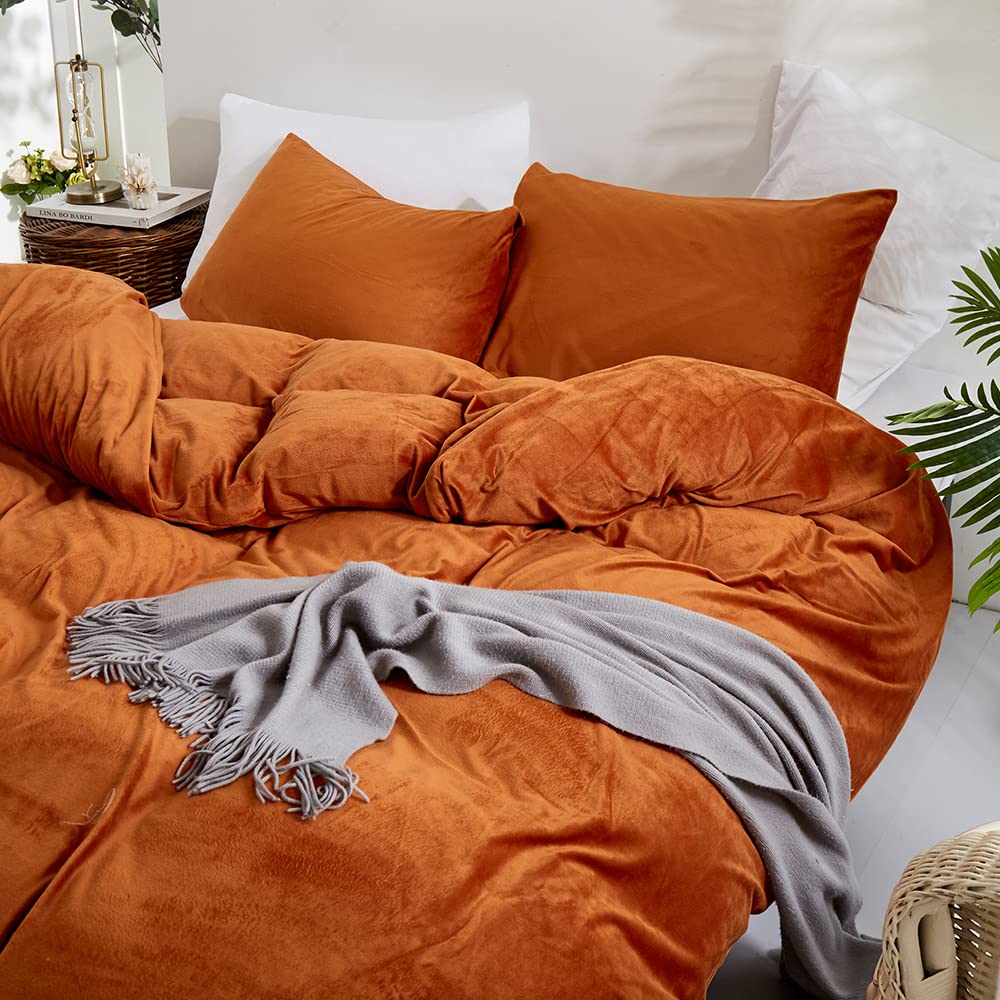 CLOTHKNOW Burnt Orange Velvet Duvet Cover Set Queen Fluffy Bedding Sets Flannel Bedding Duvet Cover Rust Comforter Cover Sets Queen