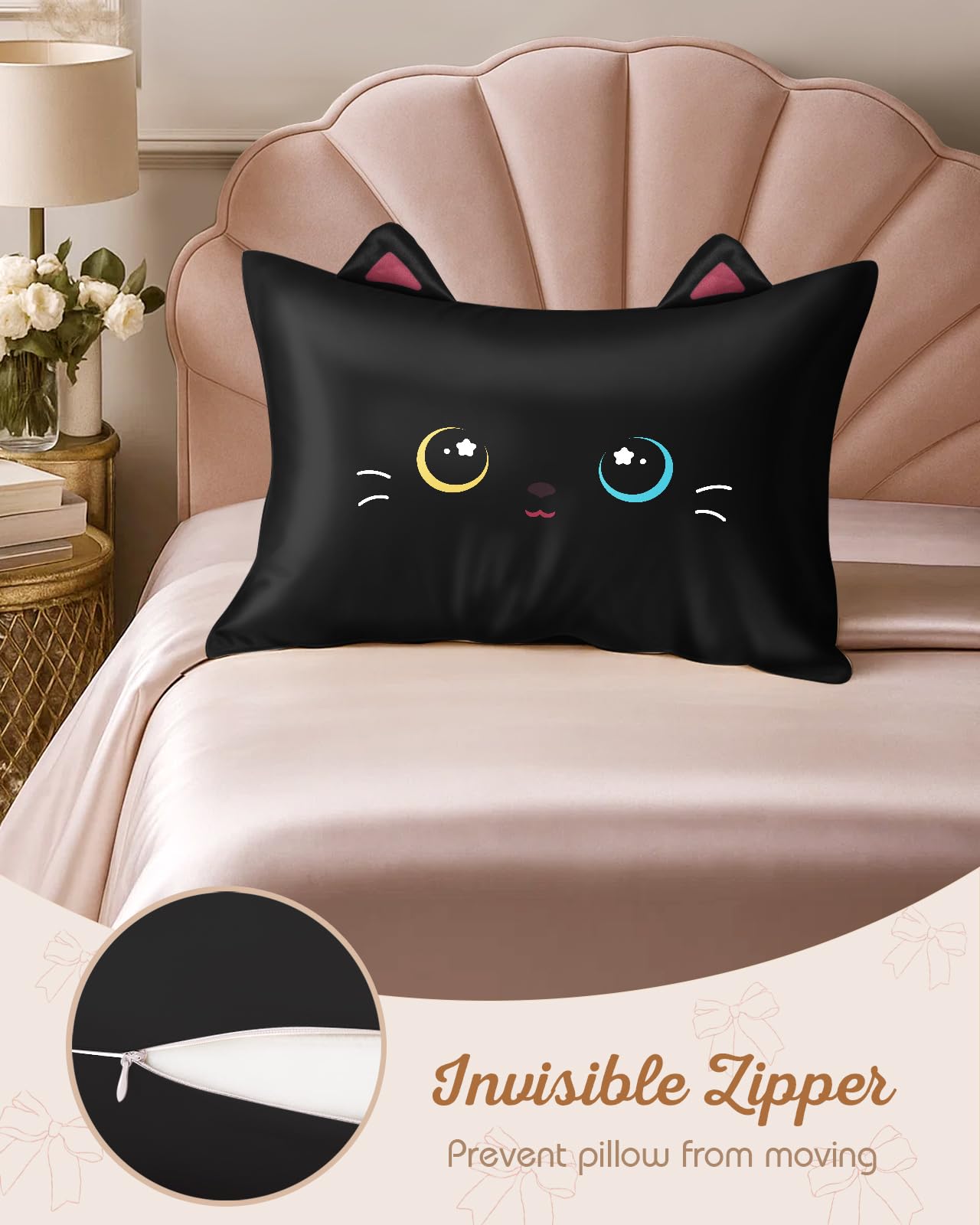 Miss Adola Kids Pillowcases Standard Size 20"x26" - Cute Cartoon Soft Breathable Silk Pillow Cases for Hair and Skin with Hidden Zipper for Women Fun Kawaii Design for Bedding, Black Cat