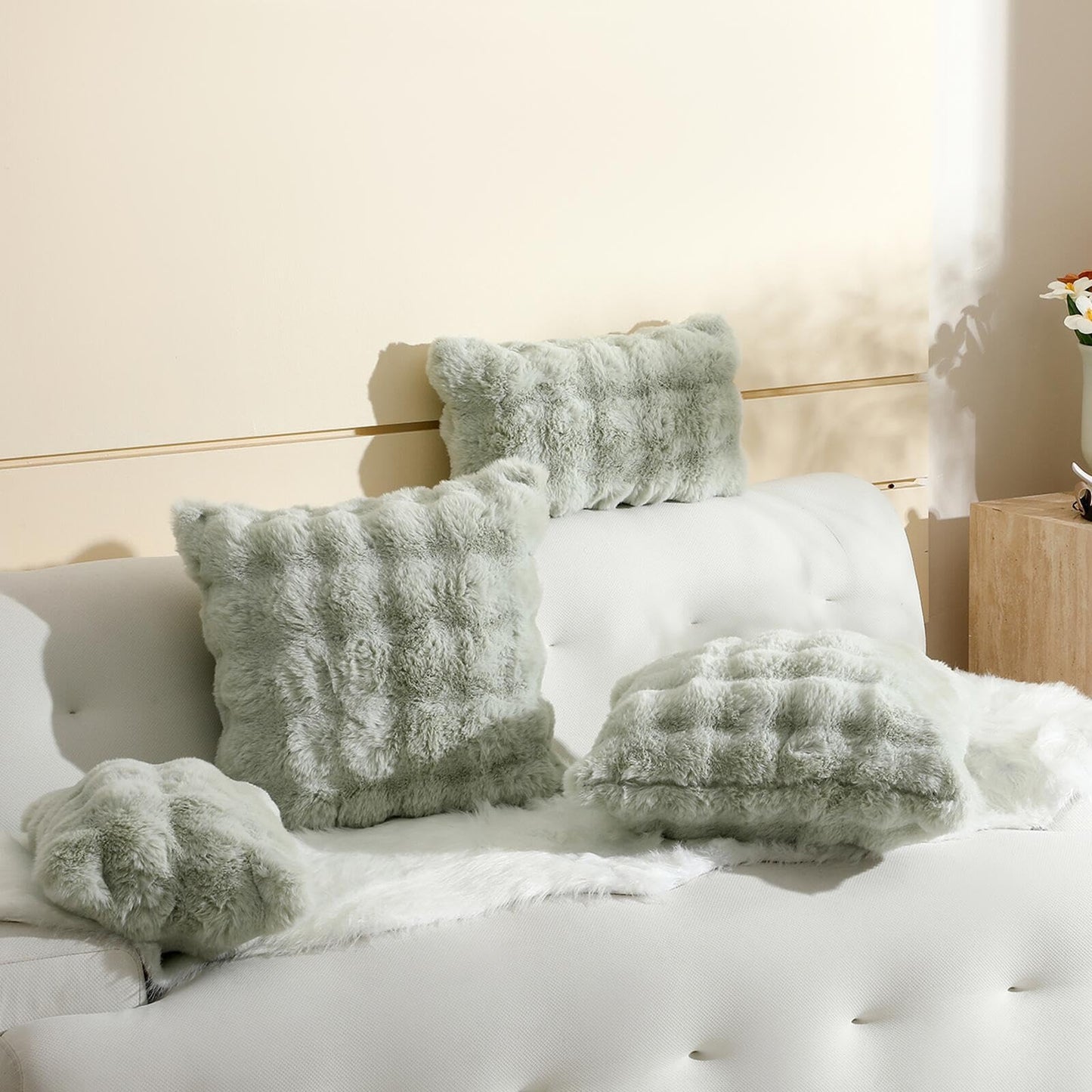linmopm Excluding Insert Faux Rabbit Fur Bubble Pack of 2 Throw Pillow Cover Double Side 18x18 Inch Green Thick Plush Dense Fuzzy Decorative Cushion Covers for Couch Bedroom