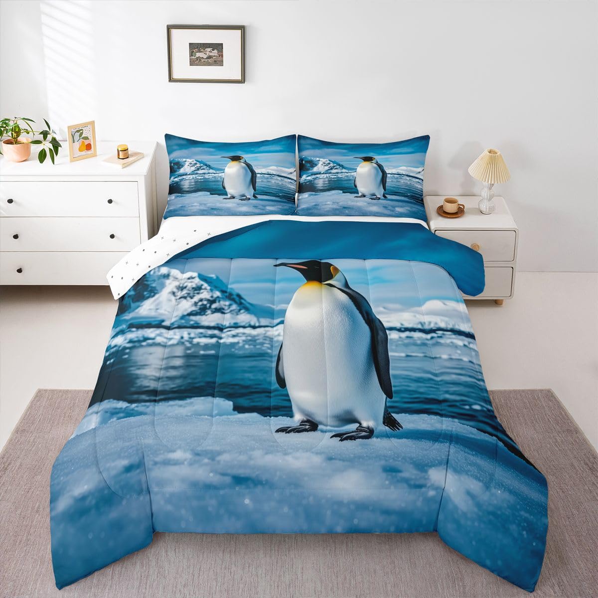 Erosebridal Penguin Kids Comforter Sets Glacier Snow Queen Bedding Set for Boys Girls Cloud Blue Sky Wild Animals Print Comforter Set,Antarctica Landscape Quilt Duvet 3 Pcs