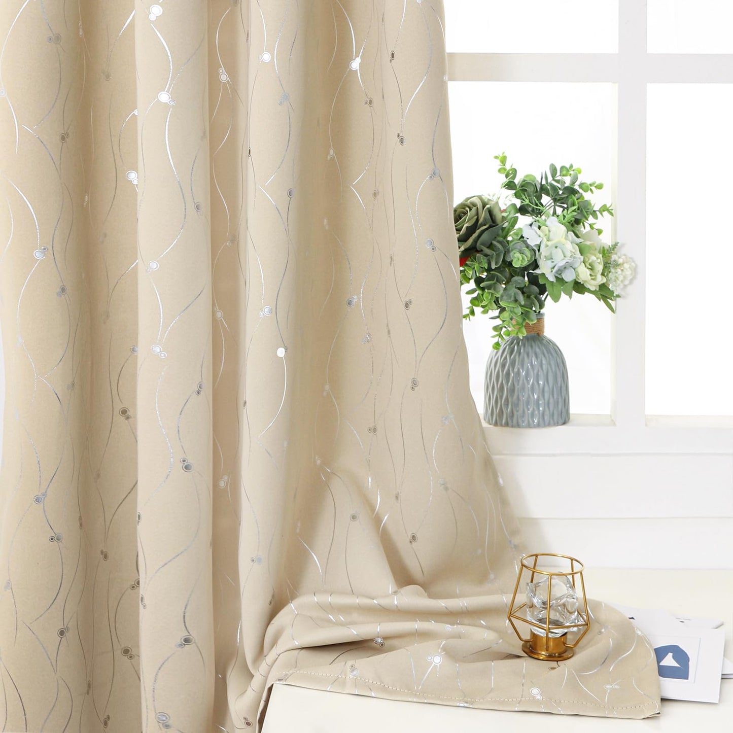 BGment Blackout Curtains 63 Inch Length 2 Panels Set, Grommet Thermal Insulated Blackout Curtains with Wave Line and Dots Printed for Bedroom, 2 Panels, Each 52 x 84 Inch, Champagne