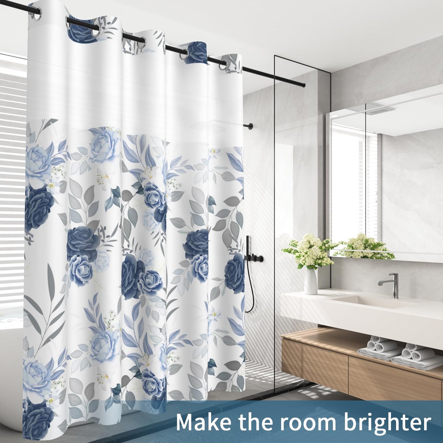 NAEMBCU Boho Floral No Hook Shower Curtain with Snap in Liner Set 71x74 in