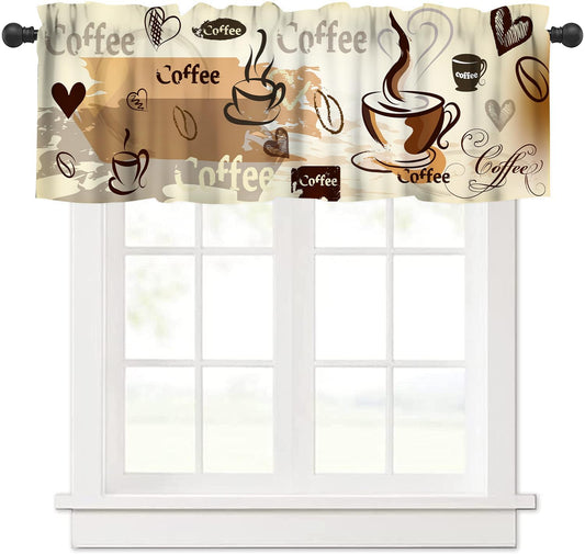 AAVEUP Coffee Valance Curtains for Kitchen,Vintage Rustic Coffee Theme Latte Tea Cup Cappuccino Farmhouse Short Panel Blackout Treatment Drapes for Dining Hall Living Room Cafe 54 x 18In