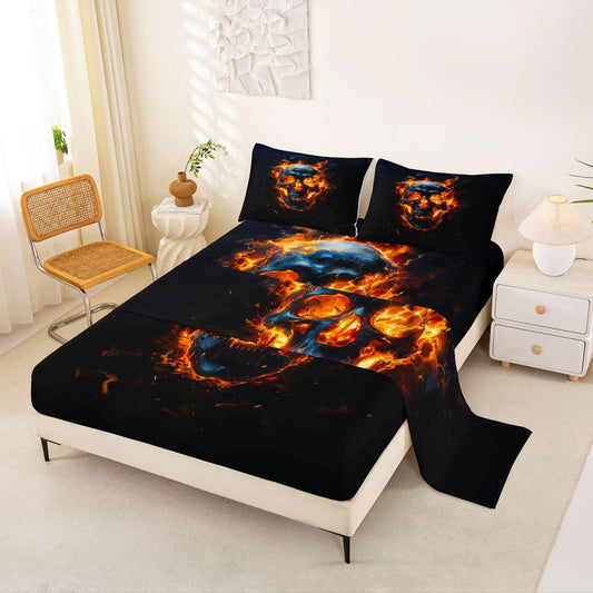 Feelyou Sugar Skull Bed Sheets Set Full Size Halloween Themed Deep Pocket Fitted Sheet Flame Bedding Sets Goth Soft Bed Set 4Pcs with 2 Pillow Cases Cemetery