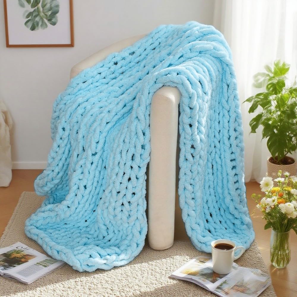 QIFONIX Handmade Chunky Knit Blanket, Cosy Chenille Throw (Blue, Throw (50" x 60"))