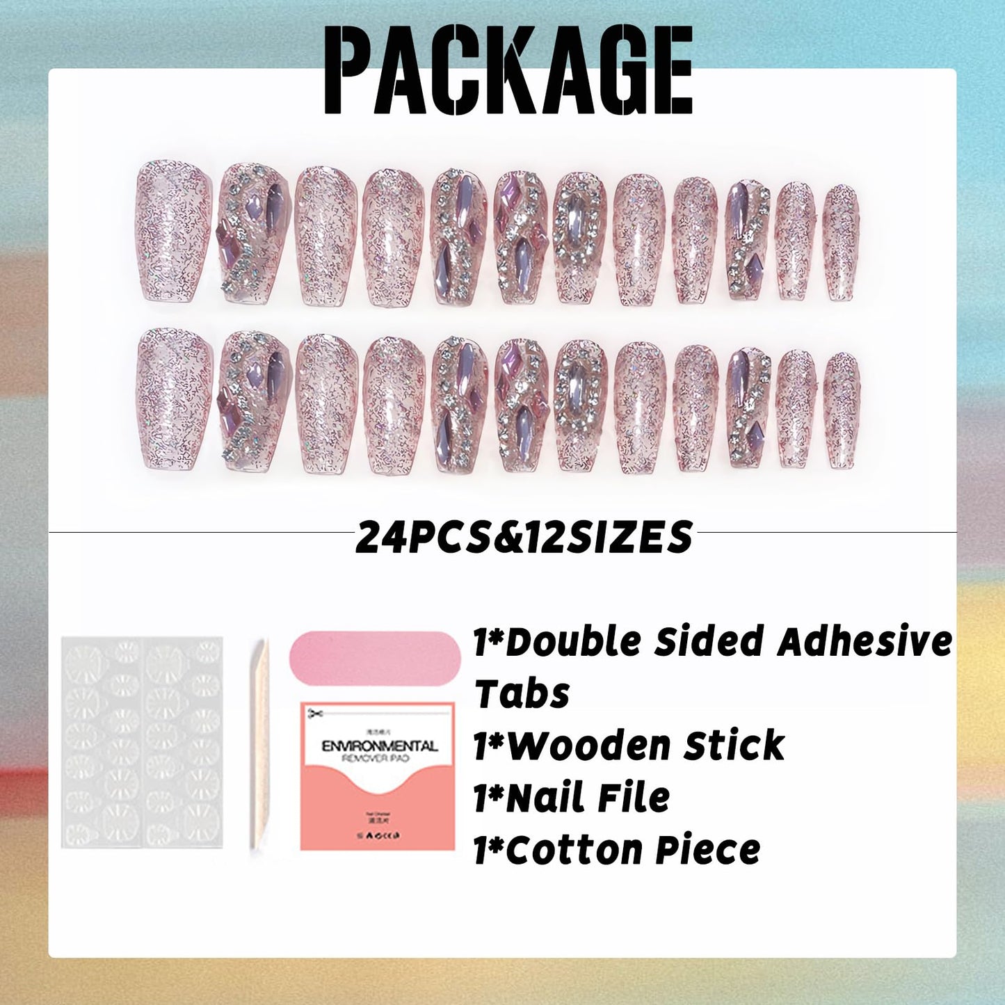 IMSOHOT Long Press on Nails Coffin Glitter Fake Nails Shiny Pink Rhinestone Full Cover False Nails Luxury Ballerina Artificial Acrylic Glue on Nails for Women 24Pcs