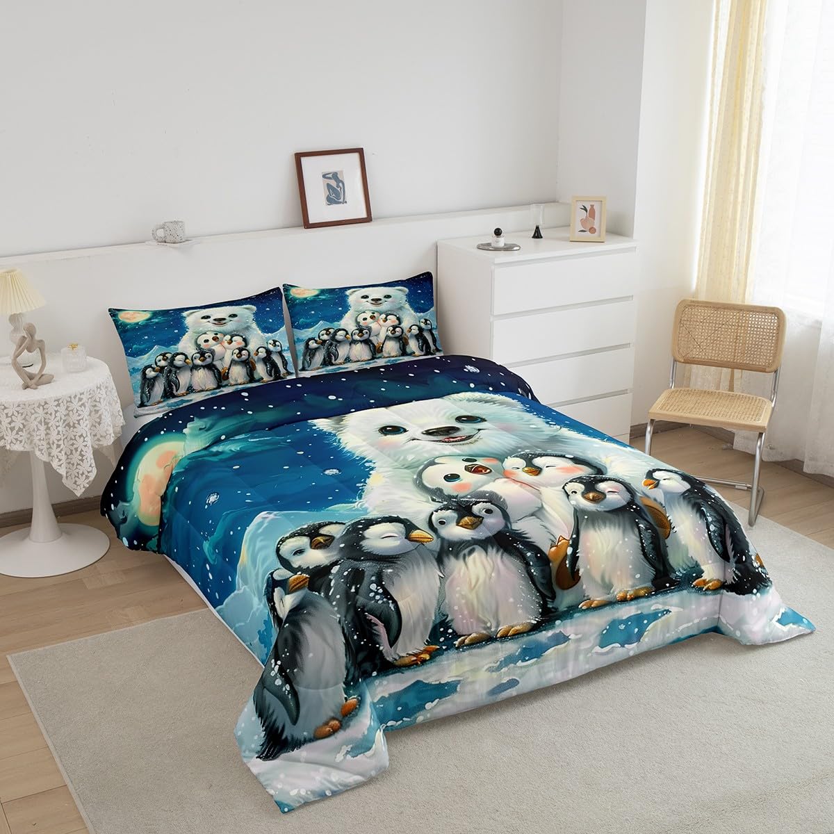 Polar Bear Penguin Comforter Set Queen Size,Galaxy Cartoon Wildlife Bedding Set,Kids Boys Girls Room Decor,Cute White Bear Quilt Set Winter Snowy Wild Animals Theme Blue Duvet Insert,2 Pillowcases