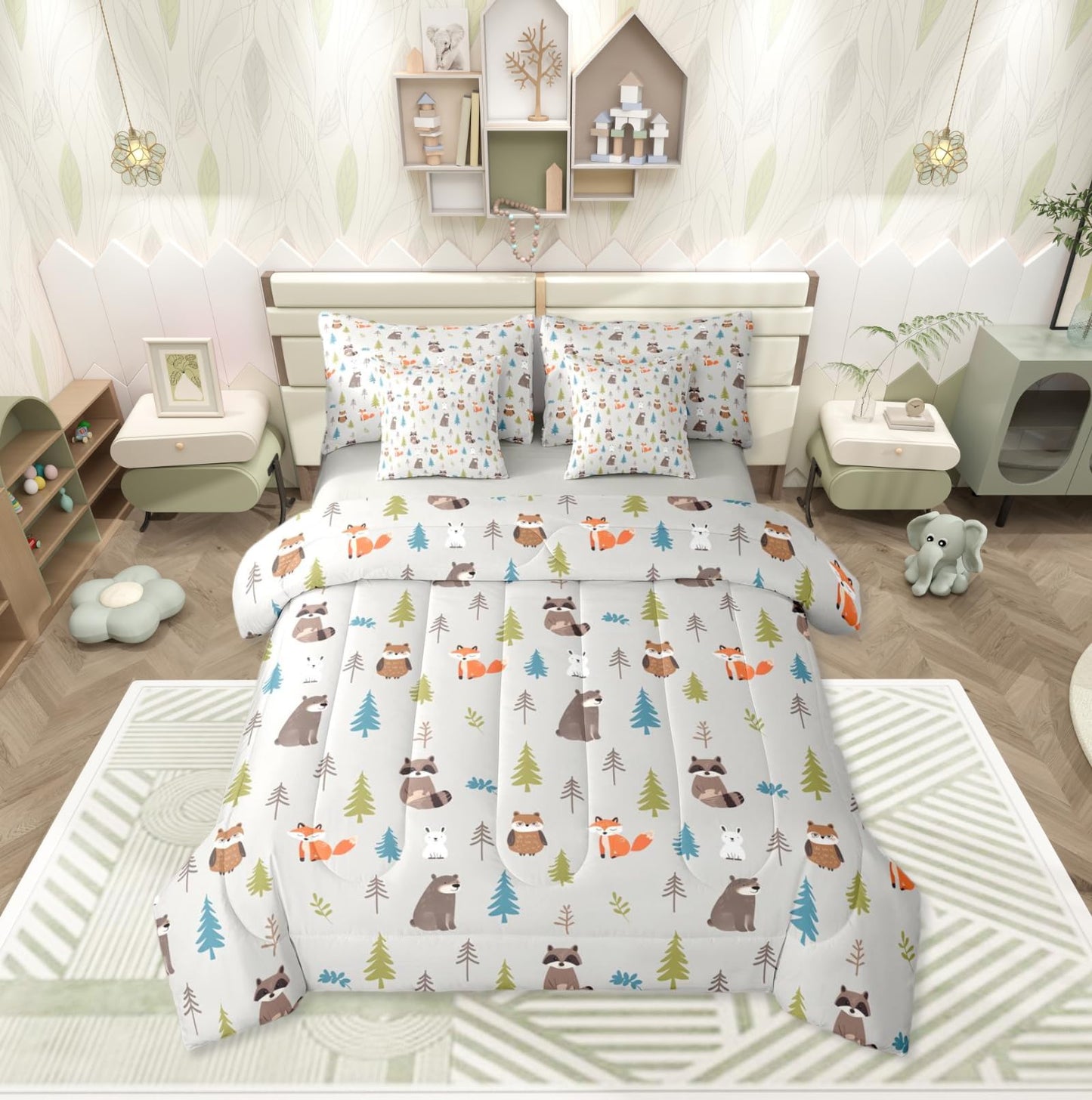 Erosebridal Woodland Animals 7 Piece Comforter Set Twin for Nursery Child Bedroom | Cute Fox Bear Raccoon Bedding Set Wildlife Sheet Set Kids Cartoon Wild Animals Duvet Insert Botanical Trees Quilt