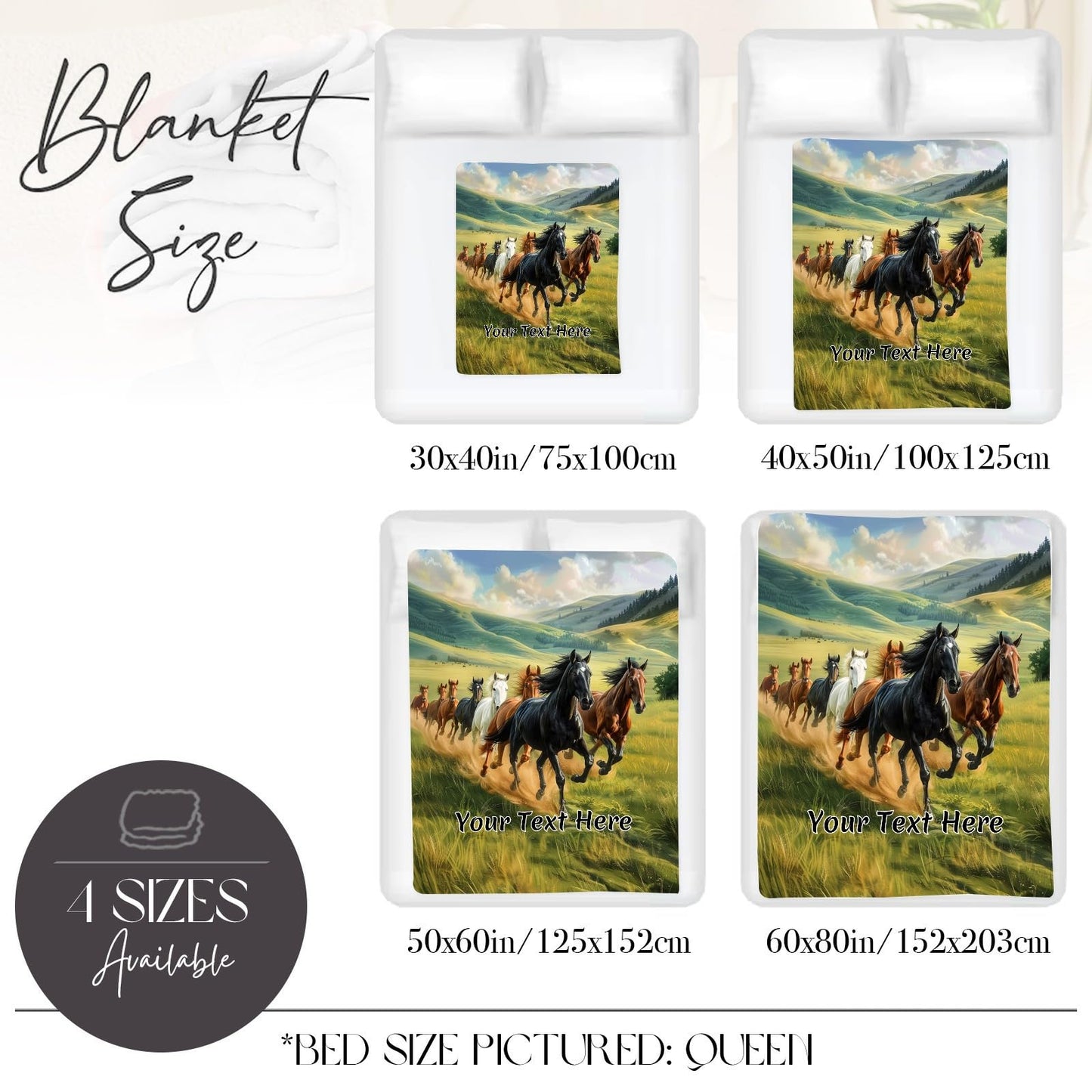 Personalized Horses Blanket with Name, Galloping Running Horse Soft Decorative Flannel Throw Blanket for Bed Couch, Birthday