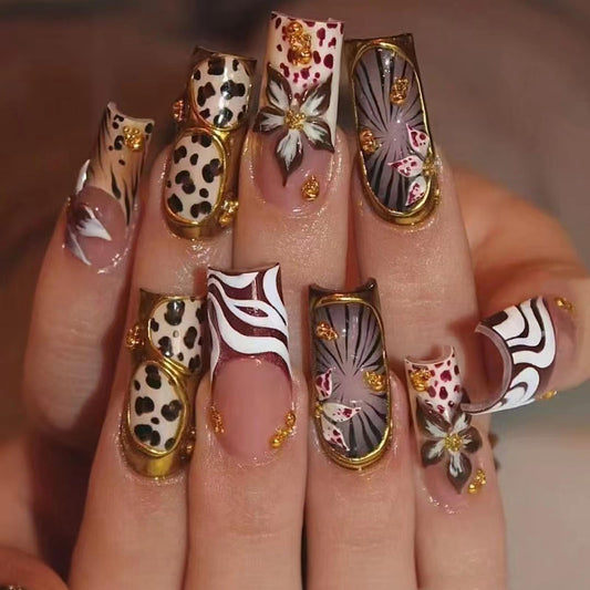 MISUD Press on Nails - Long Square Fake Nails with Brown Flower Cheetah, Acrylic Gold Chrome Design 24 pcs