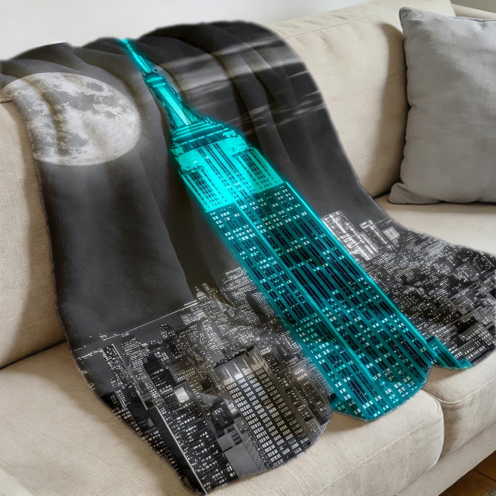 ZHOUSHUTONG New York City Throw Blanket Blue Empire Building Flannel Teal Skyscraper Print Blanket Modern Moon Cityscape Plush Throw Urban Night View Decor for Living Room Bedroom Office Home 49"x59"
