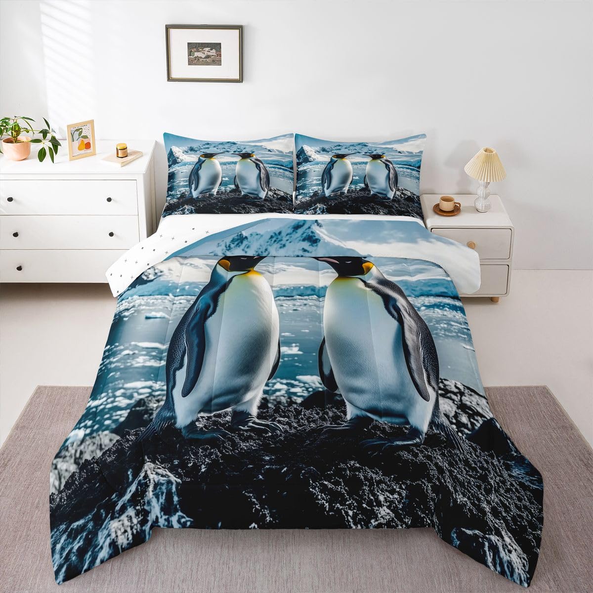 Erosebridal Penguin Bedding Set Queen Black White Penguins Comforter Set for Kids Boys Girls Cute Antarctica Animal Theme Down Comforter,Glacier Snow Quilt Duvet