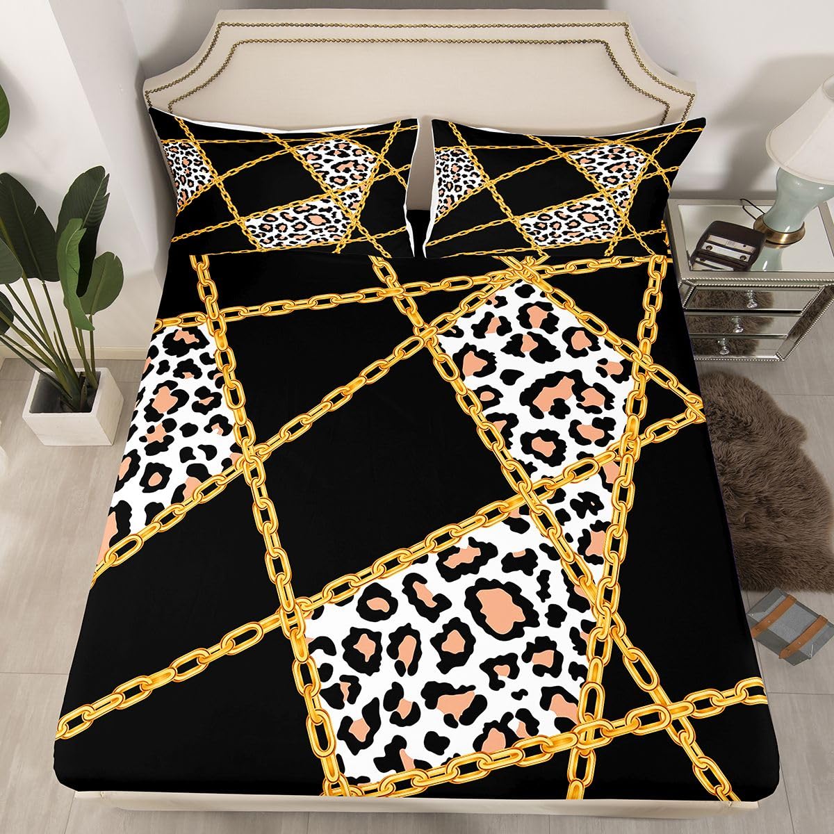 jejeloiu Black Leopard Fitted Sheet with 1 Pillowcase Twin Size Iron Chain Print Bed Sheets Set 16" Deep Pocket Boys Girls Cheetah Bedding Animal Print Teens Bedroom Decor Breathable Soft Lightweight