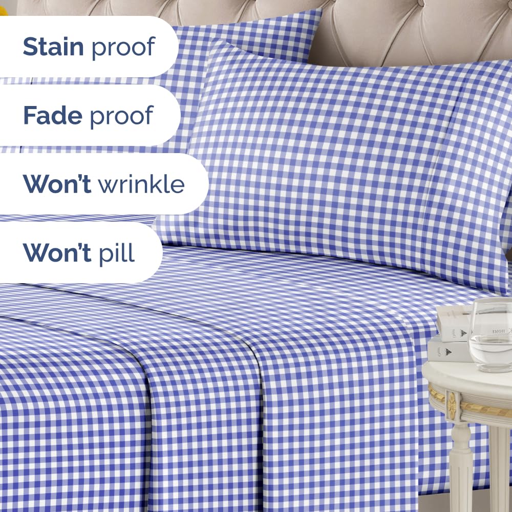 Blue Gingham Sheets - 1 Flat & 1 Fitted Sheet & 2 Pillowcases w/ Deep Pockets - Grid, Plaid, Checkered Pattern Bed Set - Comfy, Wrinkle & Fade Resistant - Ultra-Soft, Breathable & Cooling - Full Size