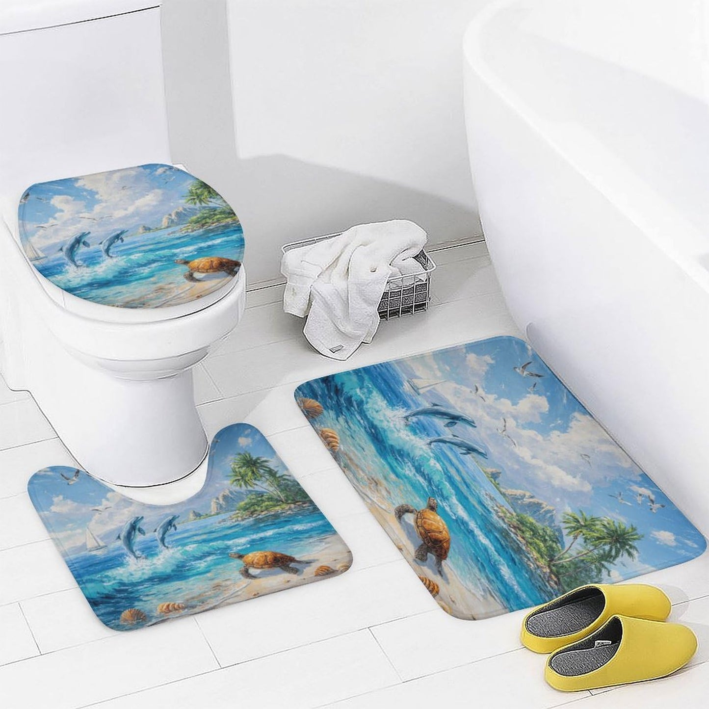 INSFBRB Rustic Colorful Dolphin Shower Curtain Sets with Rug,Toilet Lid Cover and Bath Mat,Beautiful Oil Painting Palm Nautical Seagull Ship Ocean Sea Turtle 4 Piece Bathroom Set